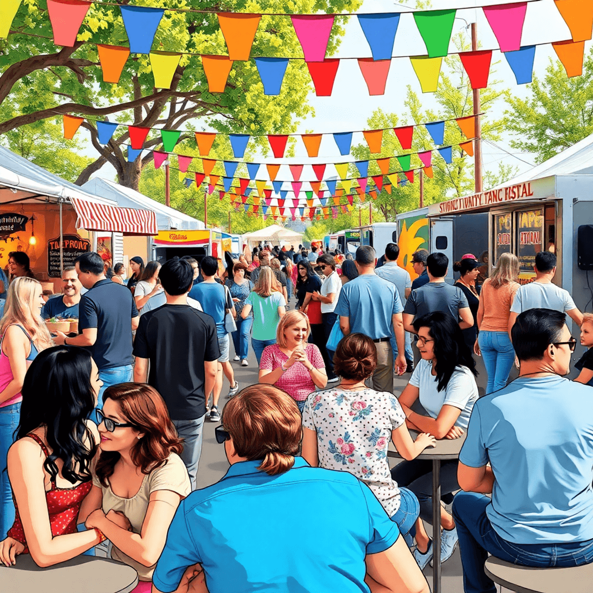 A lively community festival in Wheatland, California, featuring food stalls, live music, colorful banners, and people enjoying conversations and ac...