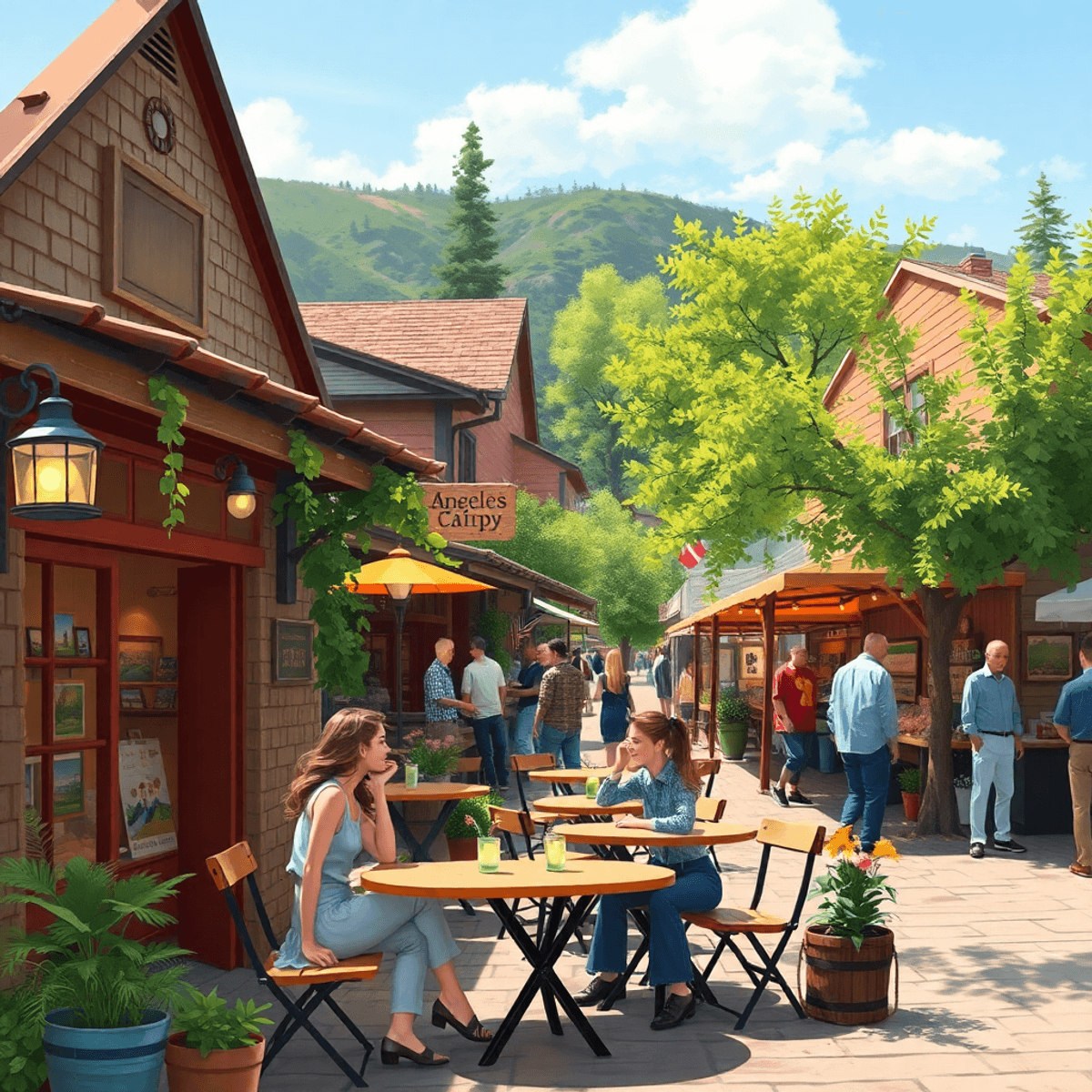 A cozy cafe with outdoor seating in a small town, featuring a couple enjoying coffee, surrounded by rustic buildings, greenery, and local art displ...