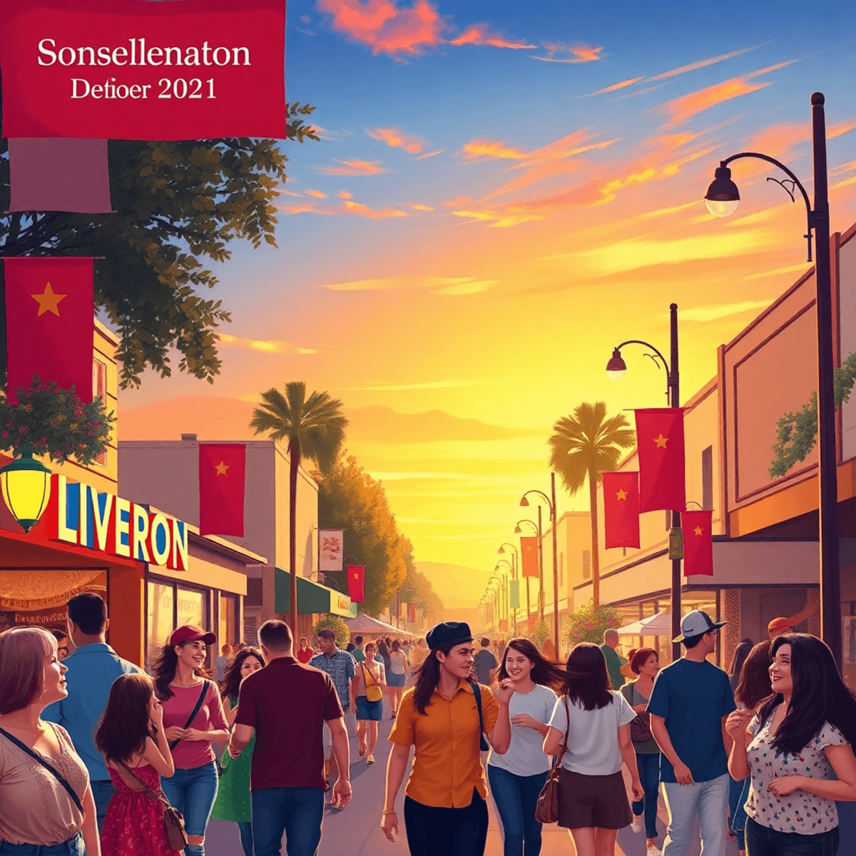 A lively San Joaquin street scene with colorful banners, people chatting warmly, and a beautiful sunset, capturing a sense of community and celebra...