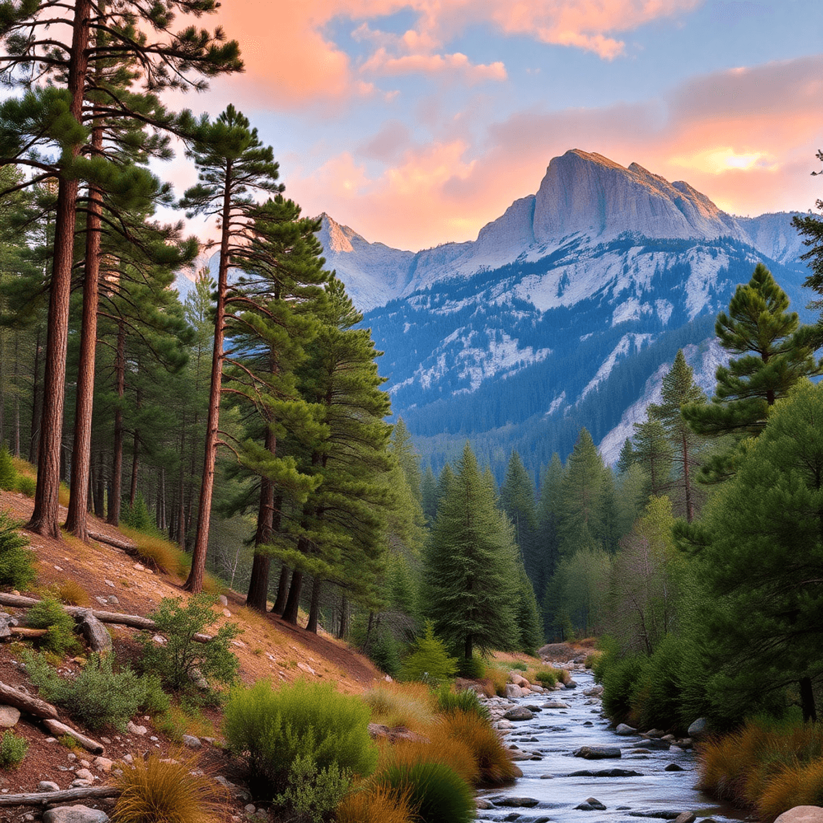 A picturesque view of the San Jacinto Mountains featuring tall pine trees, granite formations, and a tranquil stream, capturing the serene beauty o...