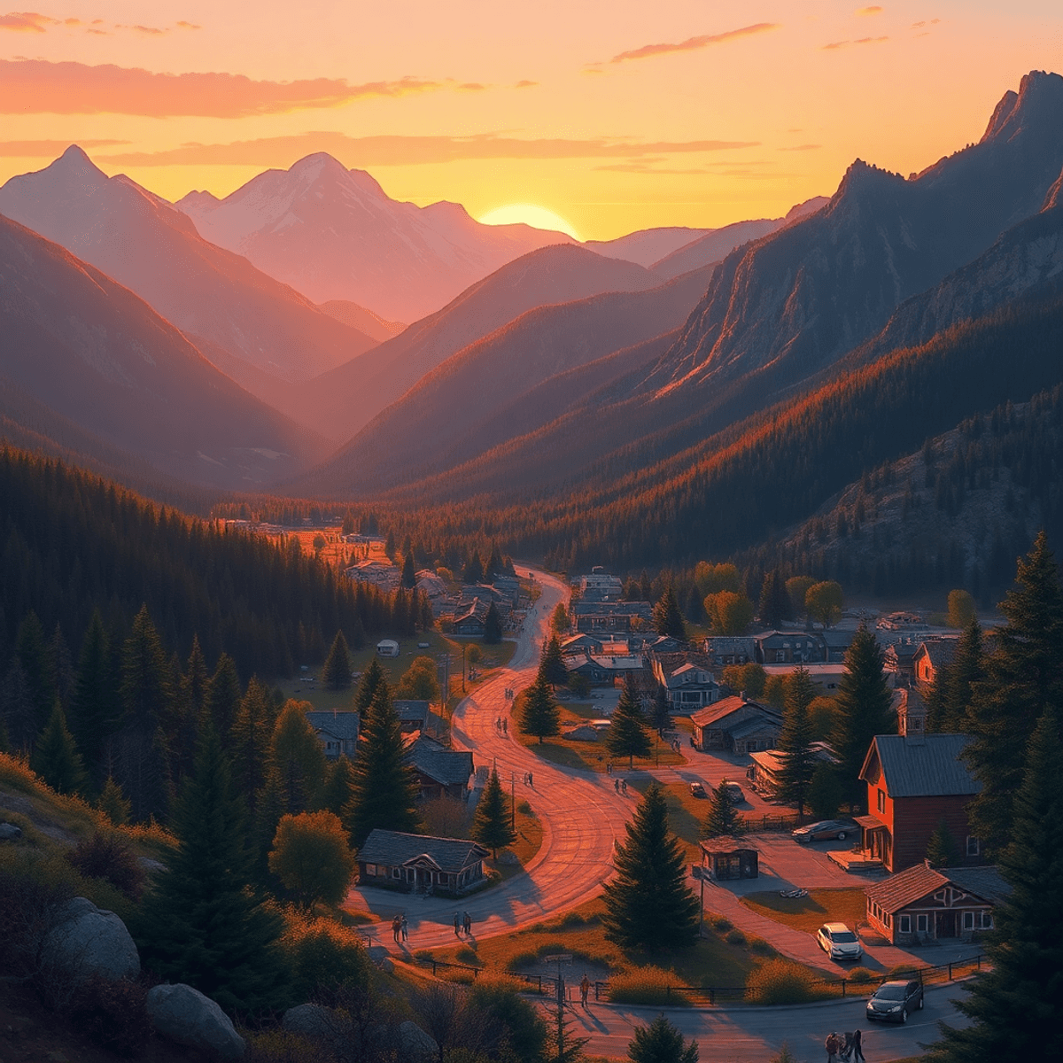 A scenic view of Bishop, California, featuring majestic mountains, lush wilderness, and a warm sunset glow, evoking adventure and the charm of smal...