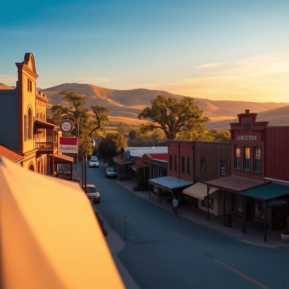 A scenic view of Jamestown, California, showcasing historic gold mining structures and vintage buildings along Main Street, with rolling hills and ...