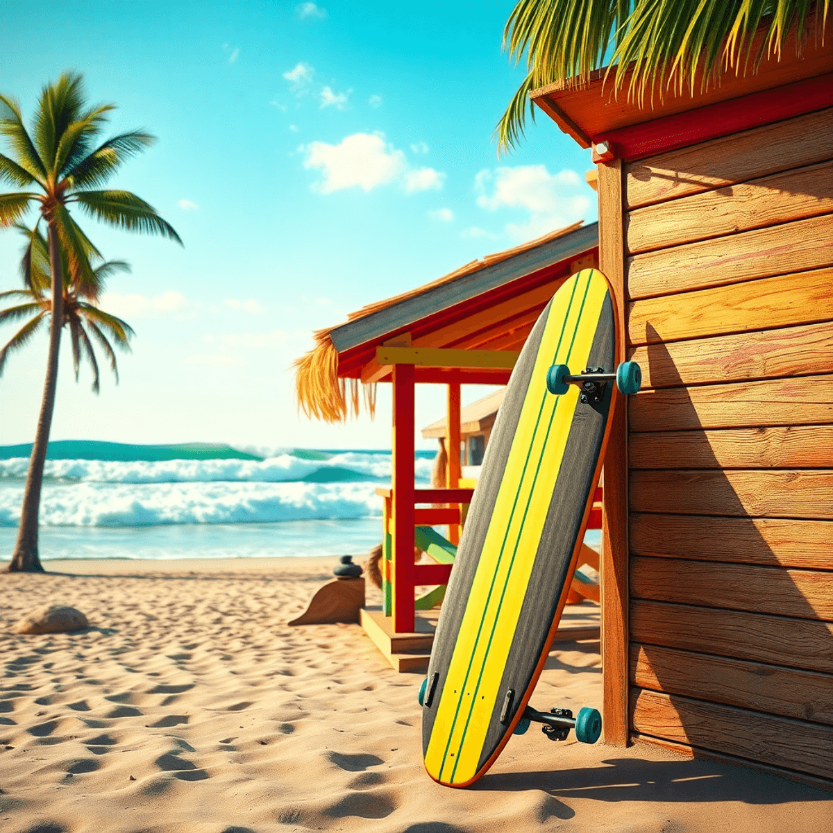 A colorful beach shack with a surfboard and skateboard leaning against it, set against a sunny beach with crashing waves and swaying palm trees.