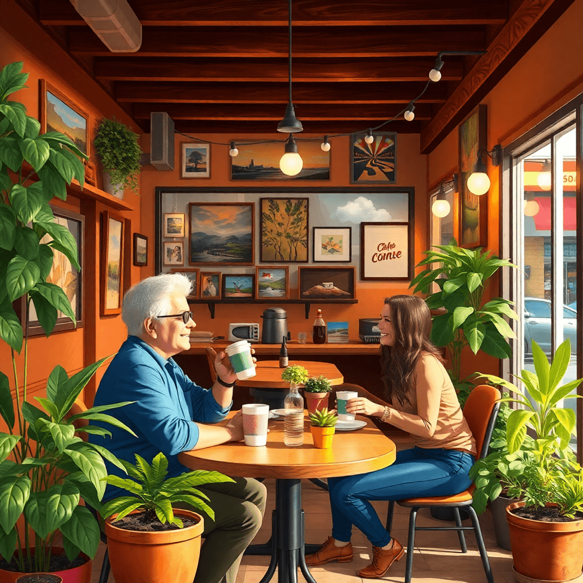 A cozy coffee shop filled with warm decor, featuring a couple smiling over drinks, surrounded by local artwork and plants, evoking a sense of commu...