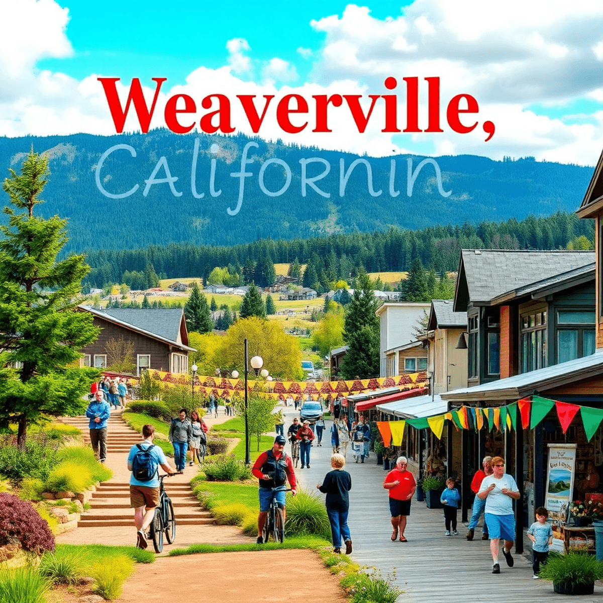 A scenic view of Weaverville, California, featuring a hiking trail, people biking and fishing, vibrant local events with colorful banners, and a wa...