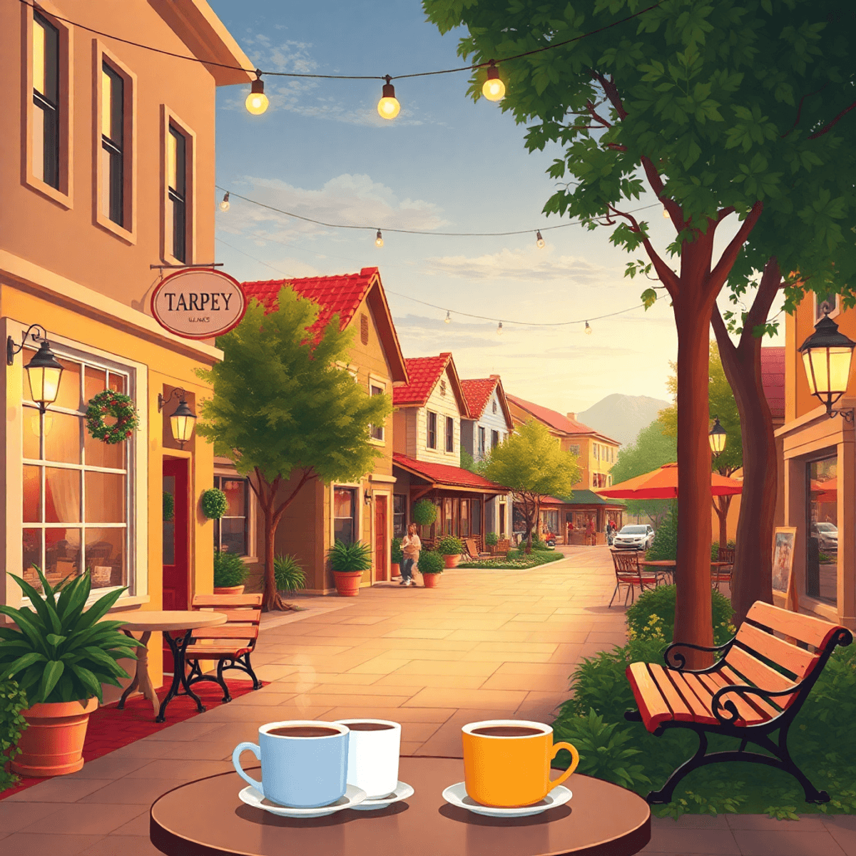 A warm, inviting small-town street in Tarpey Village, California, showcasing charming cafes and parks, with coffee cups on a table and benches sugg...