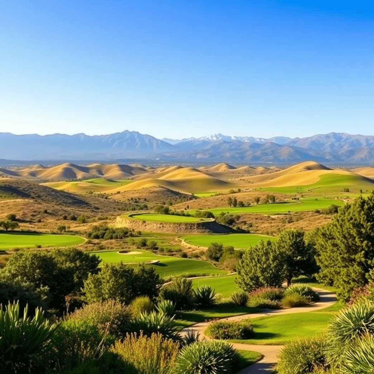A scenic view of Ridgemark, California, showcasing rolling hills, mountains, lush golf courses, and tranquil walking paths under a clear blue sky.