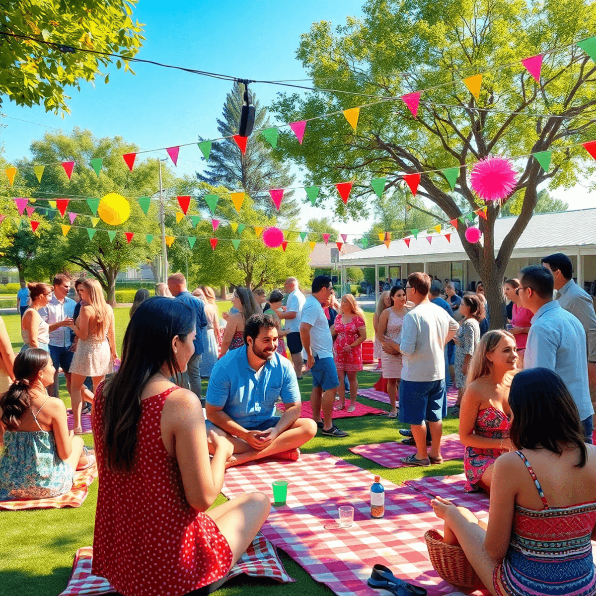 A lively outdoor scene in a park with picnic blankets, people mingling and chatting, and colorful decorations, creating a bright and cheerful festi...