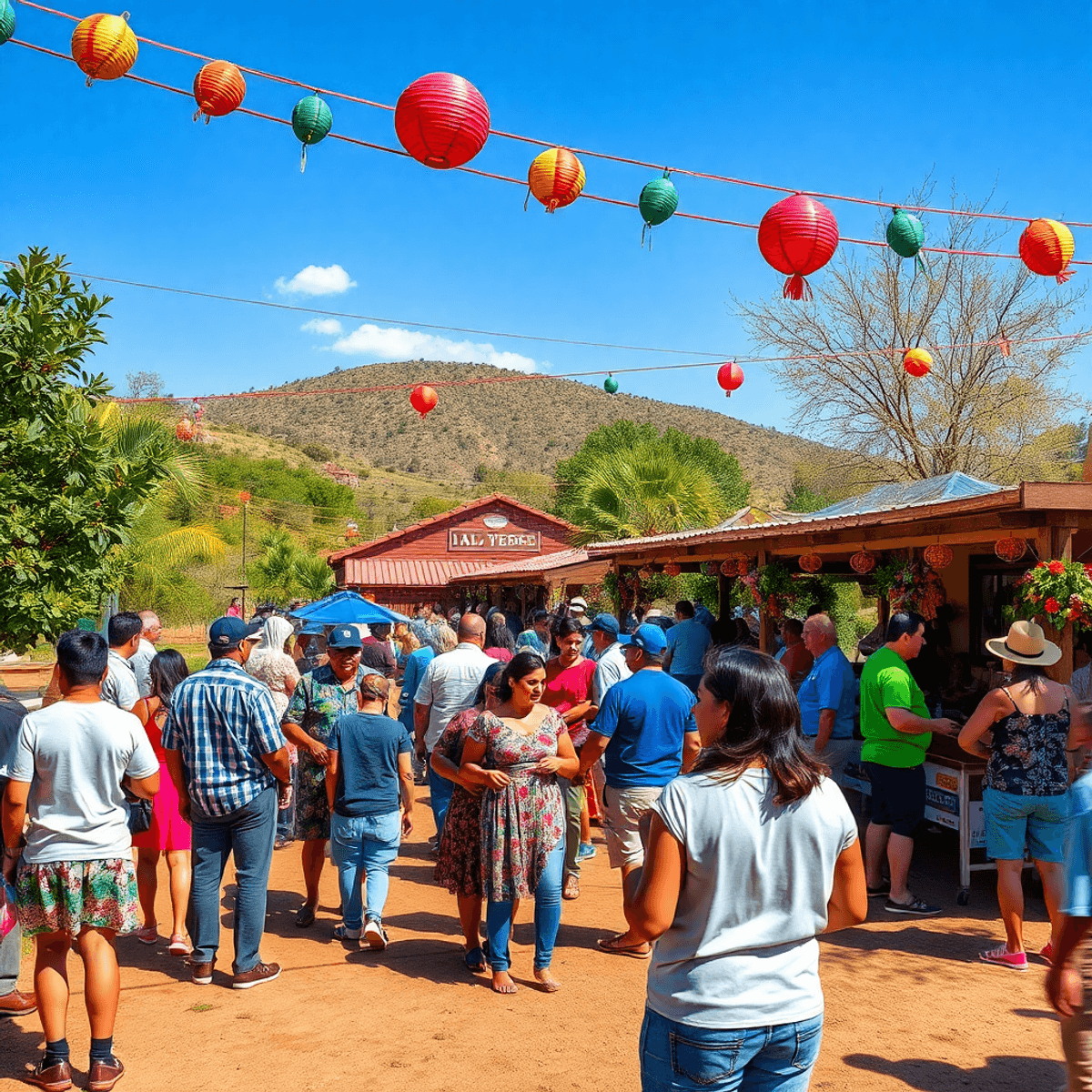 A lively outdoor community event in Val Verde, California, featuring colorful decorations, people socializing, and a scenic backdrop of nature trai...