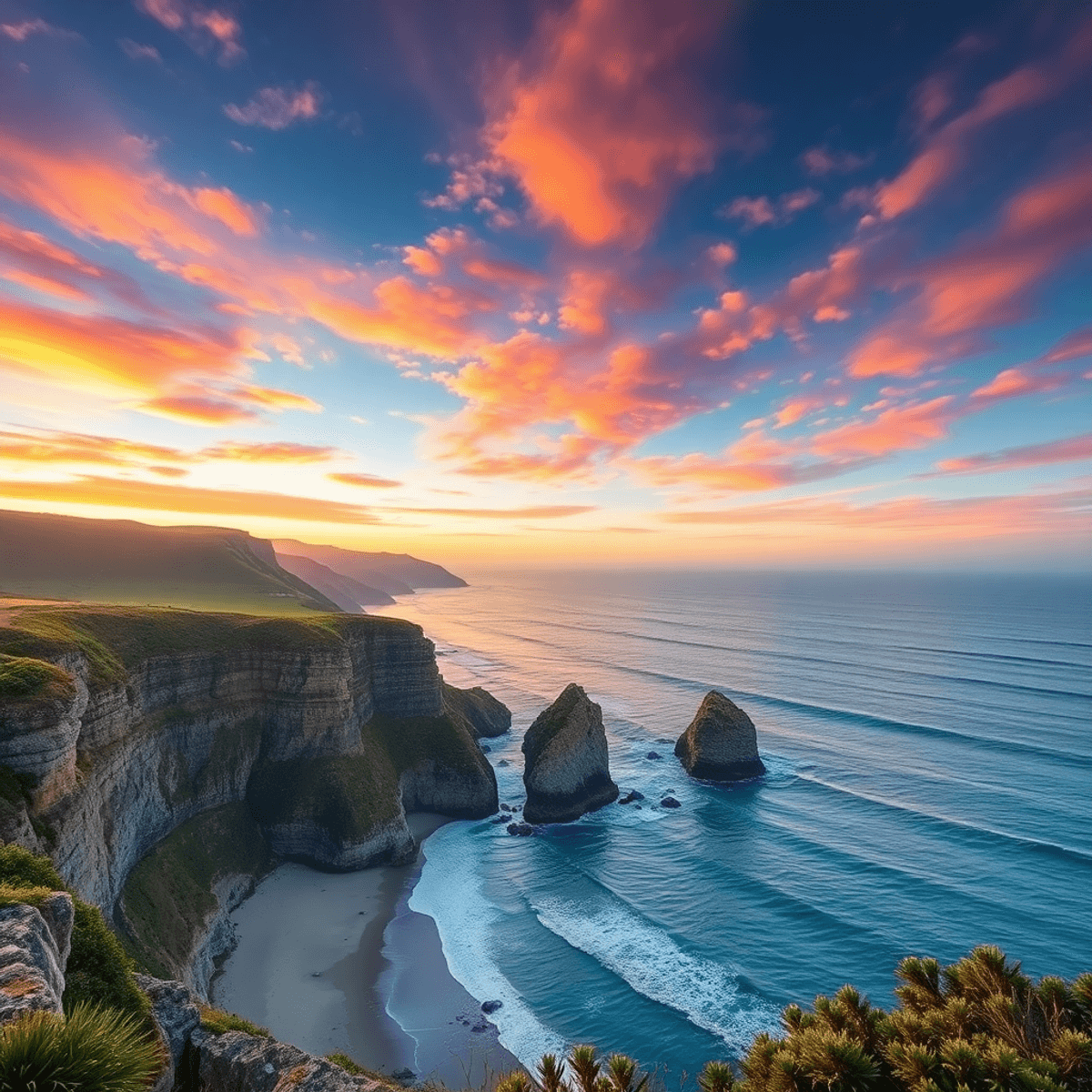 A breathtaking coastal view of Moss Beach, California, showcasing cliffs above the Pacific Ocean, vibrant sunset colors, secluded beaches, and lush...