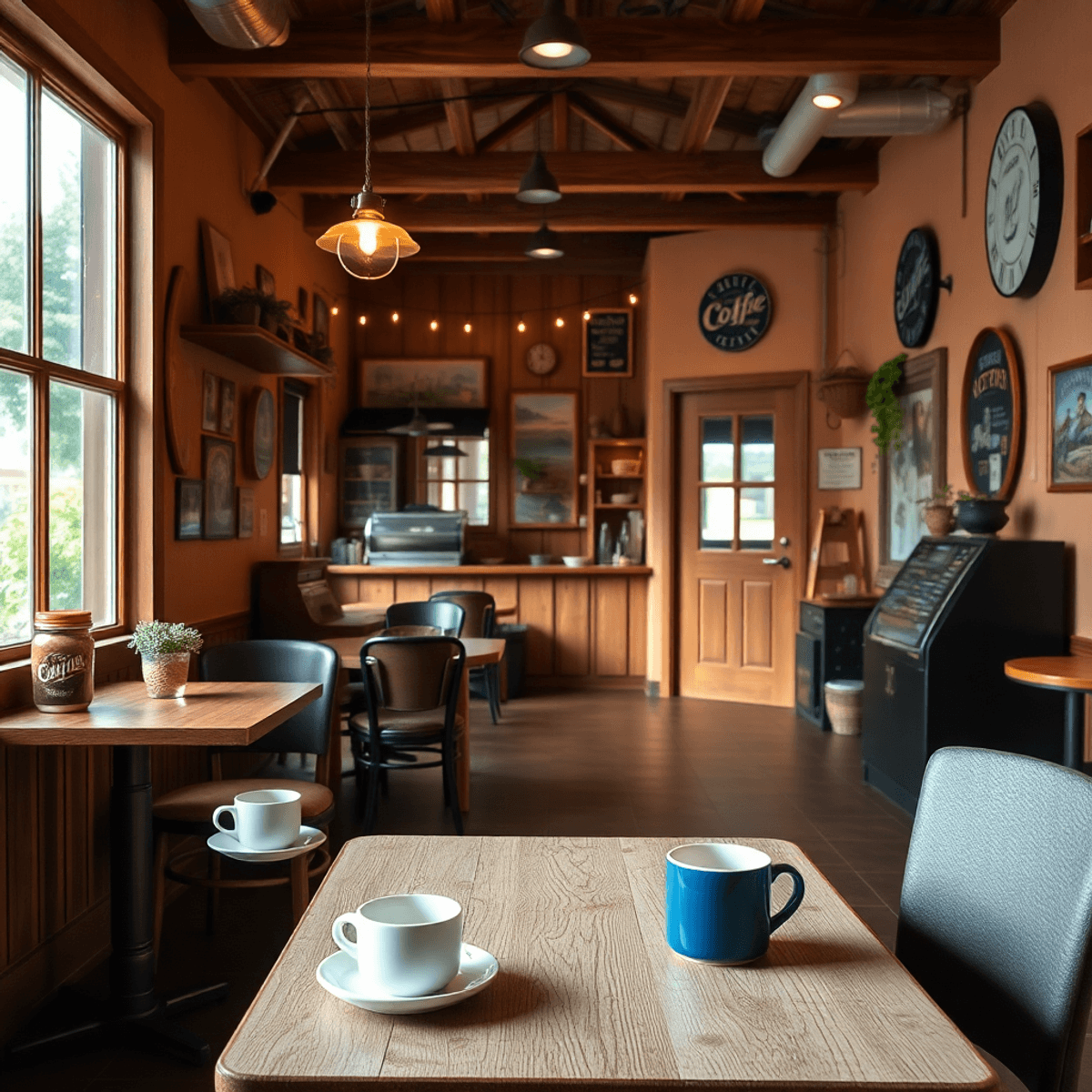 A cozy coffee shop with rustic decor, warm lighting, coffee cups on tables, and greenery outside, evoking a charming atmosphere for community gathe...