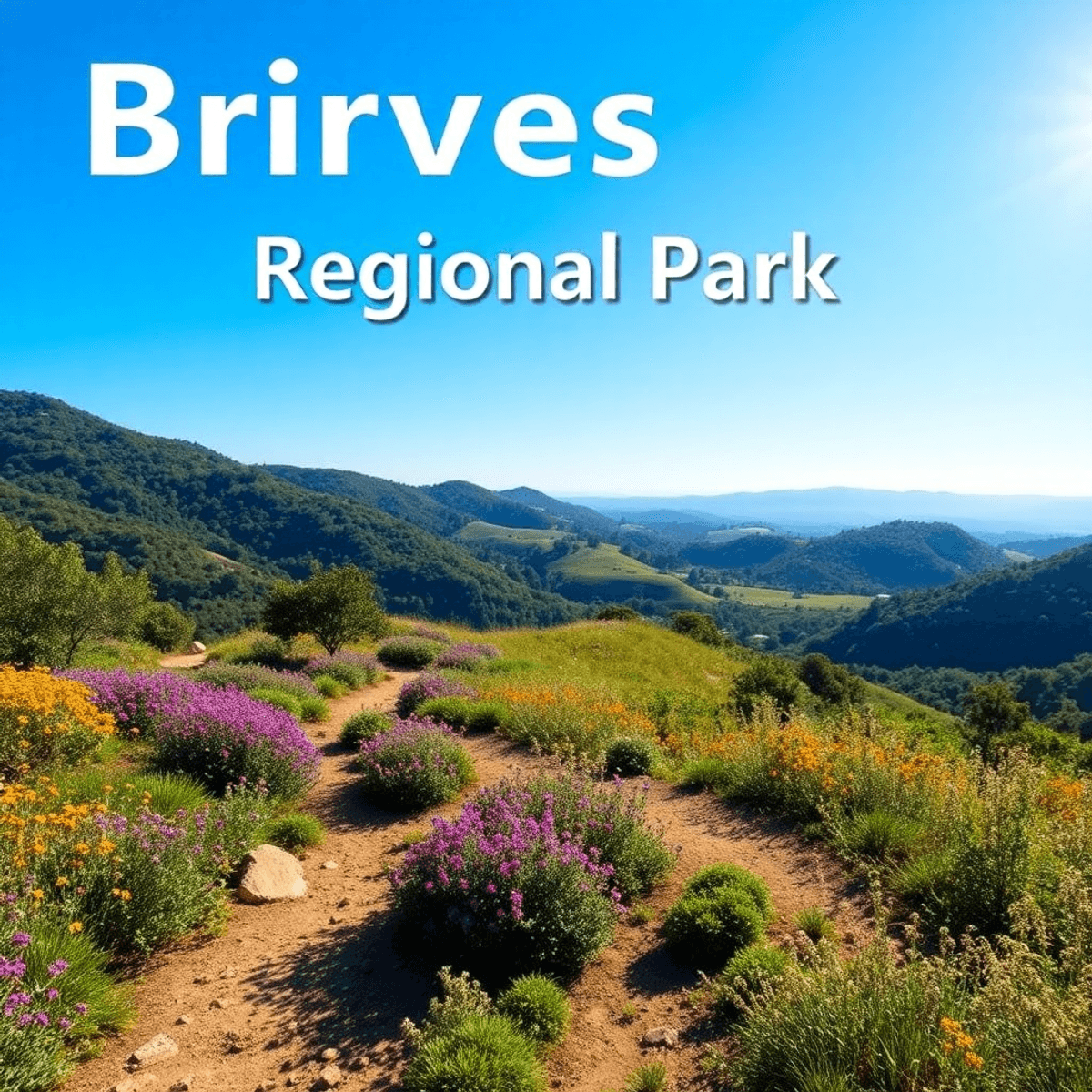 A scenic view of Briones Regional Park featuring lush greenery, vibrant wildflowers, and hiking trails under a bright blue sky, inviting outdoor ex...