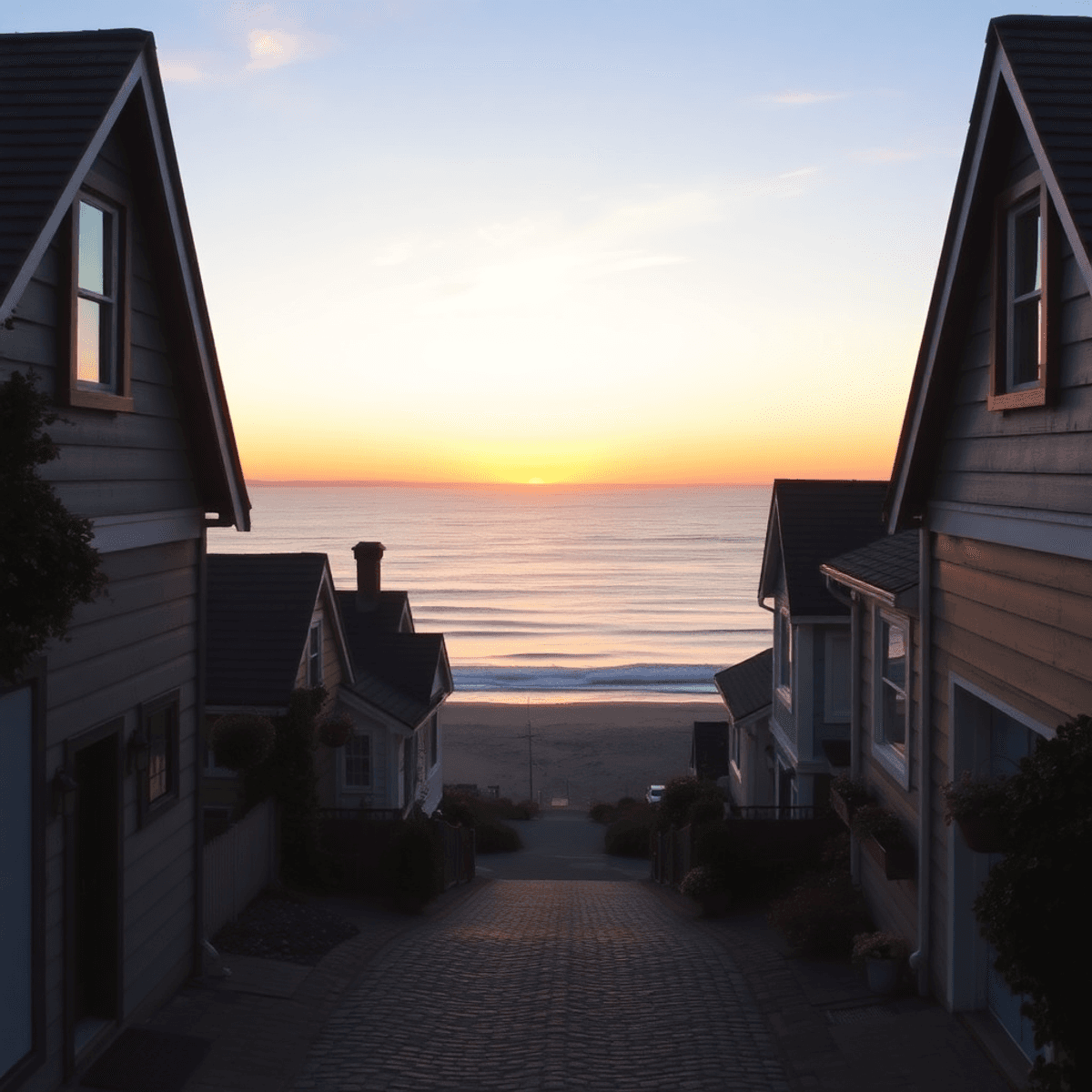 A romantic sunset over the Pacific Ocean, with coastal cottages and cobblestone streets leading to the beach, highlighting the beauty of Carmel-by-...