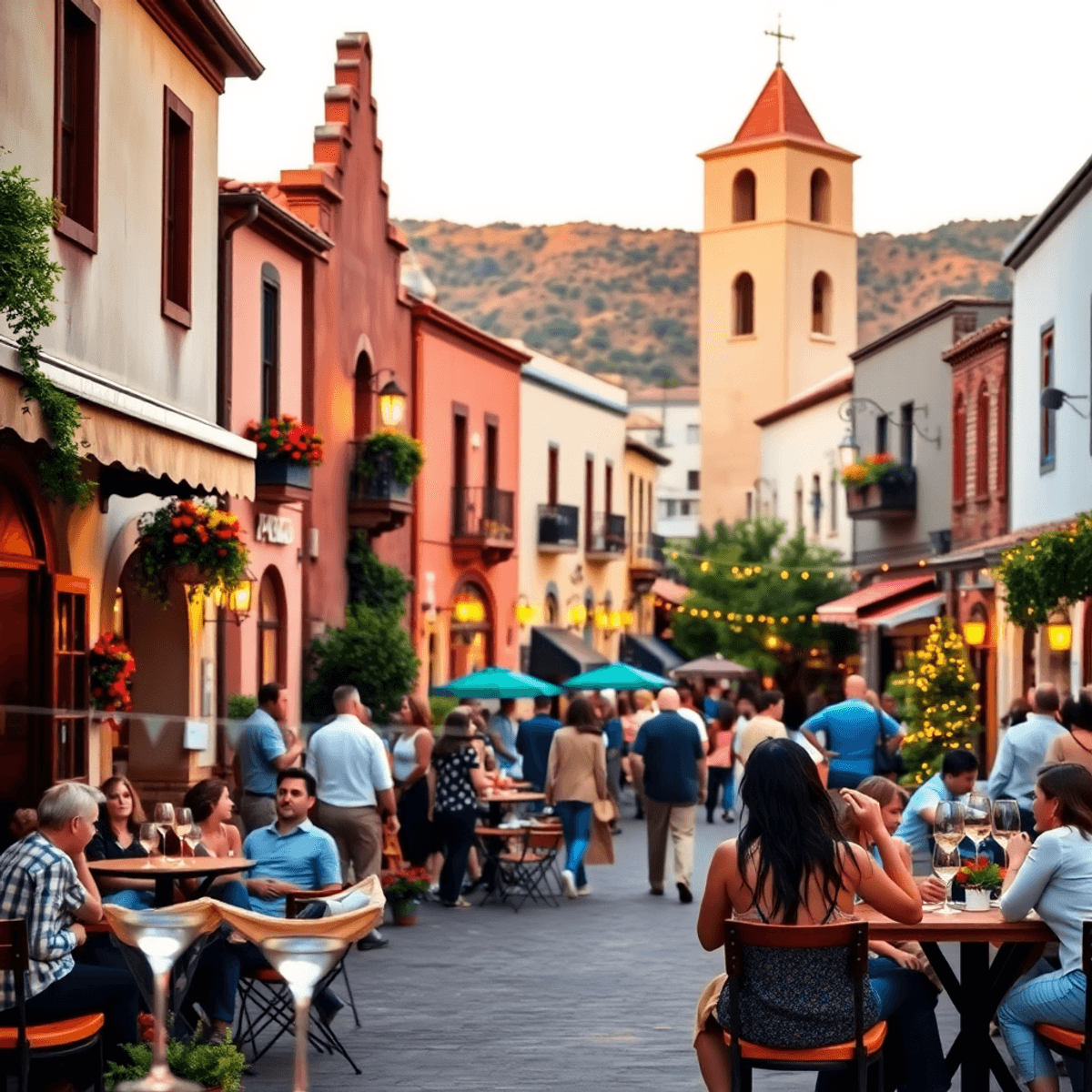 A charming street in San Miguel, California, lined with historic buildings, wine glasses, cozy outdoor gatherings, and warm lighting, evoking a rom...