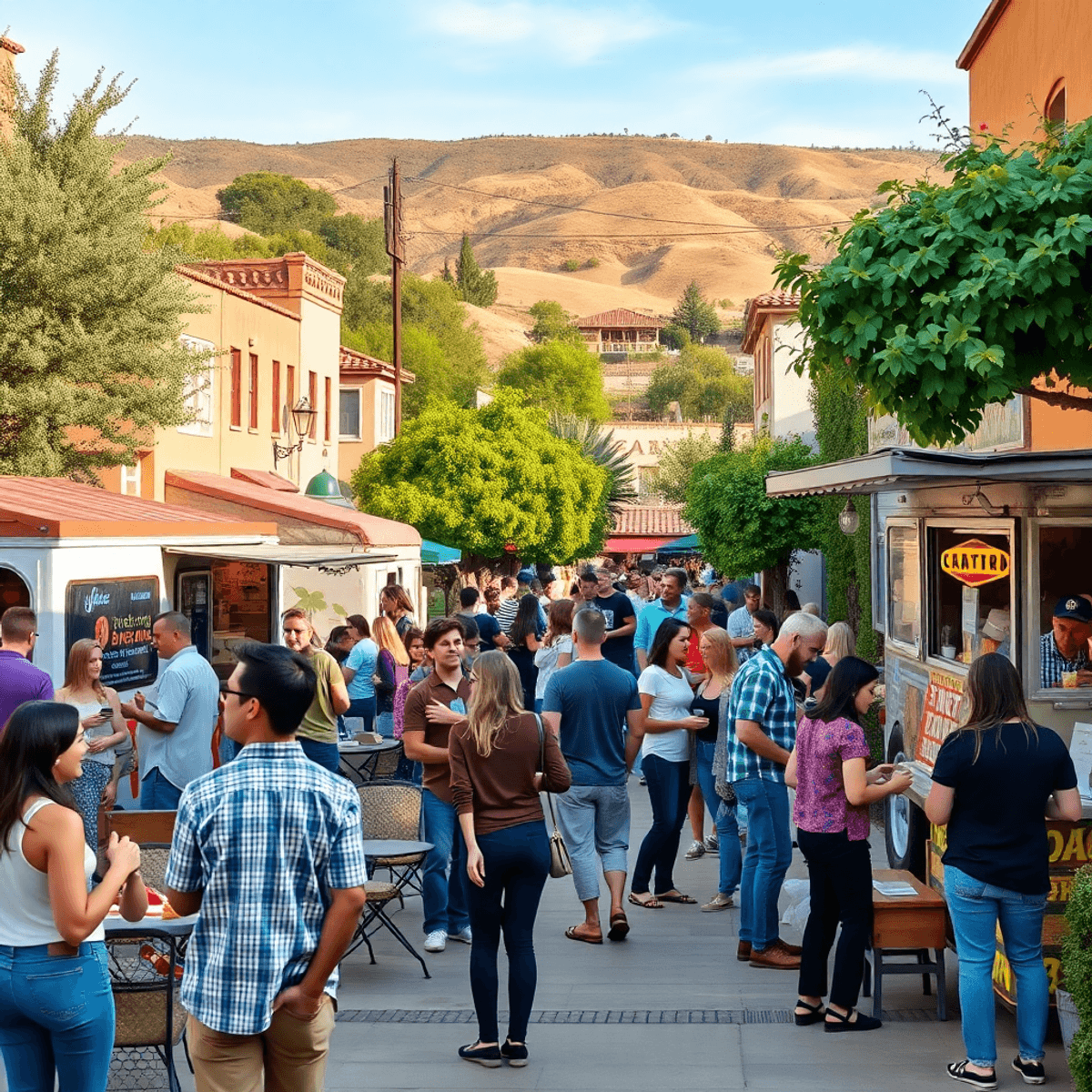 A lively outdoor event in a small town, with people chatting, enjoying food trucks, and engaging in workshops, set against charming local architect...