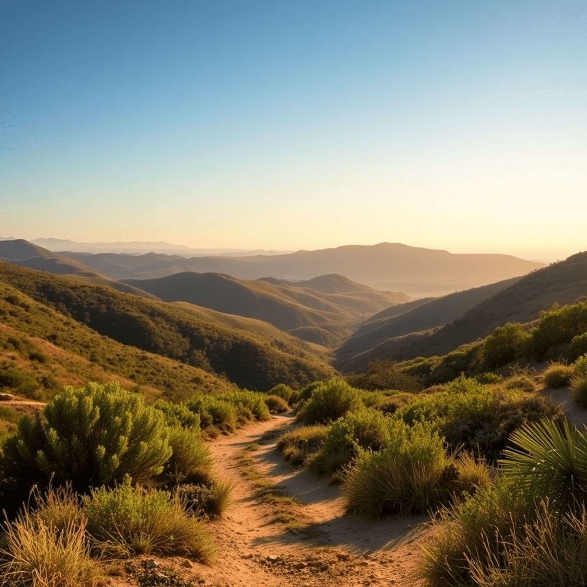 A serene landscape of rolling hills and native chaparral in Harbison Canyon, featuring a winding trail and soft lighting that creates a tranquil, r...