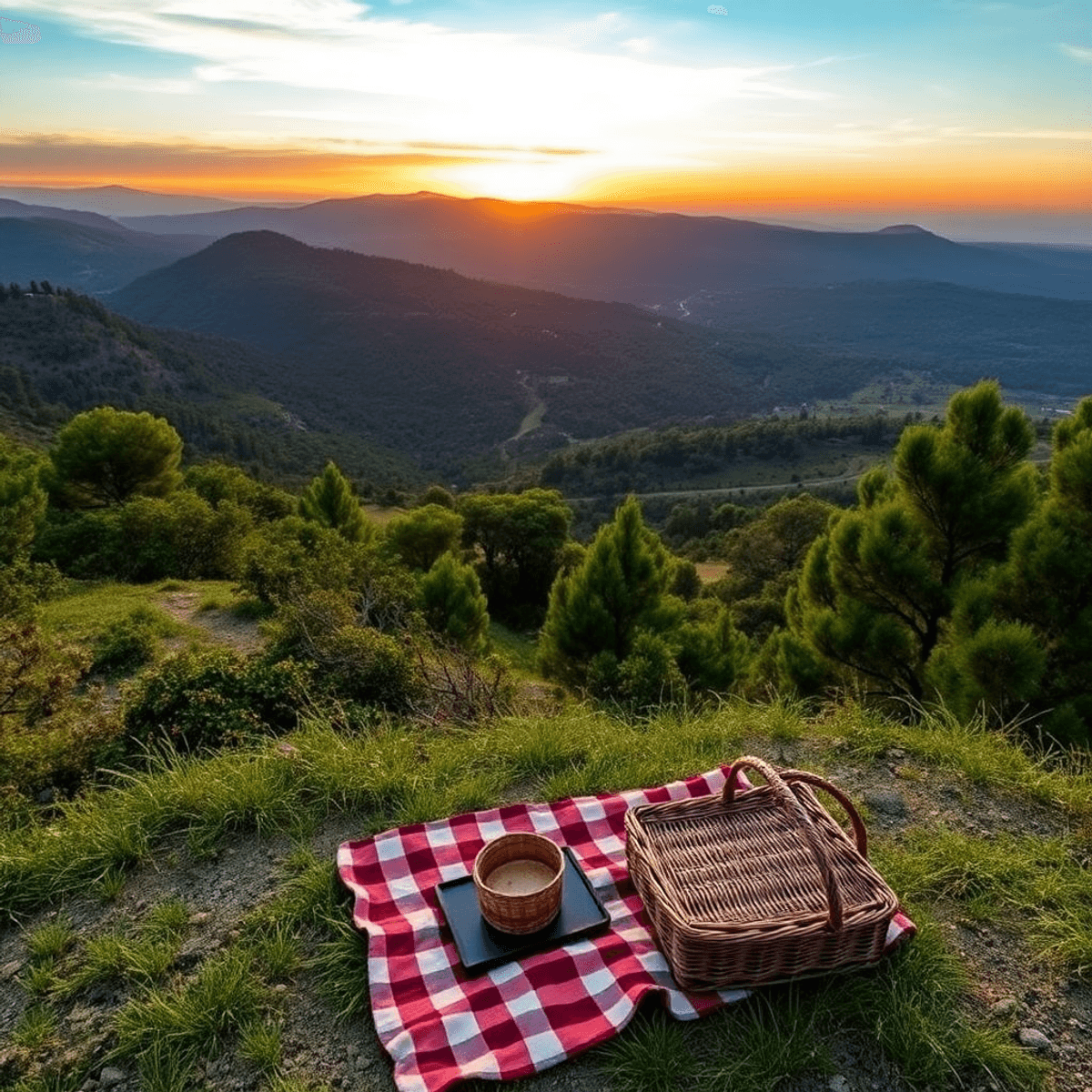 A scenic view of the Woodbridge Ecological Reserve at sunset, showcasing lush greenery, hiking trails, and a romantic picnic setup with a blanket a...
