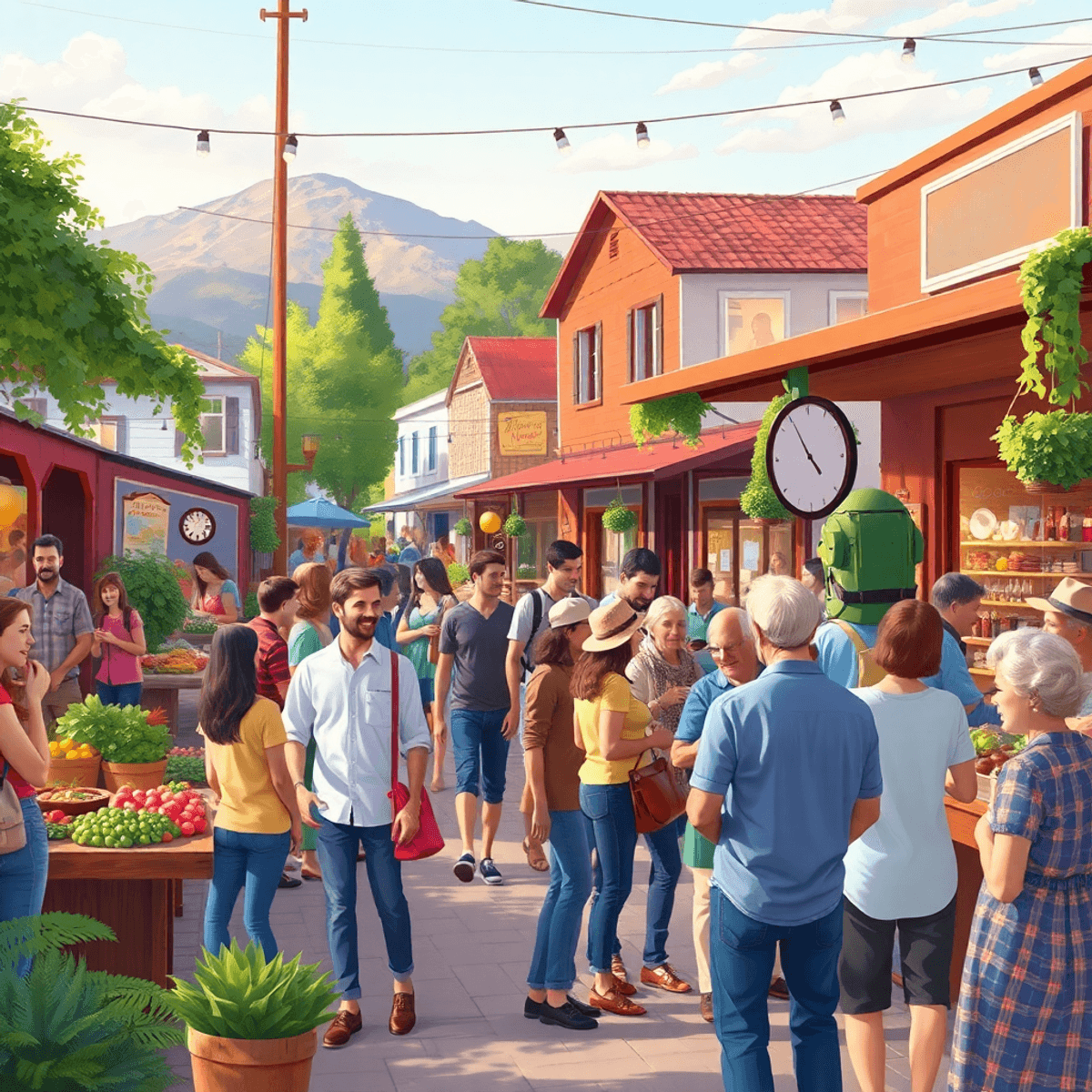 A lively farmers' market in a small town, with people mingling, local vendors, and a cozy coffee shop, capturing the warmth and charm of community ...