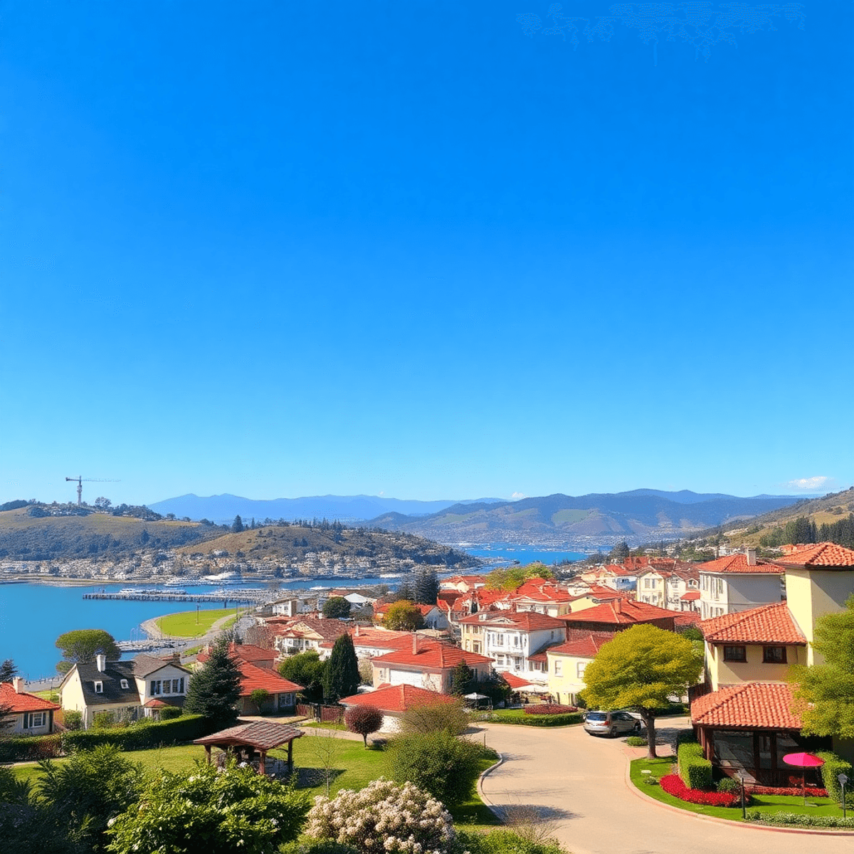 A scenic view of Santa Venetia featuring lush landscapes, serene parks, charming eateries, and heart-shaped pathways under a bright blue sky, evoki...