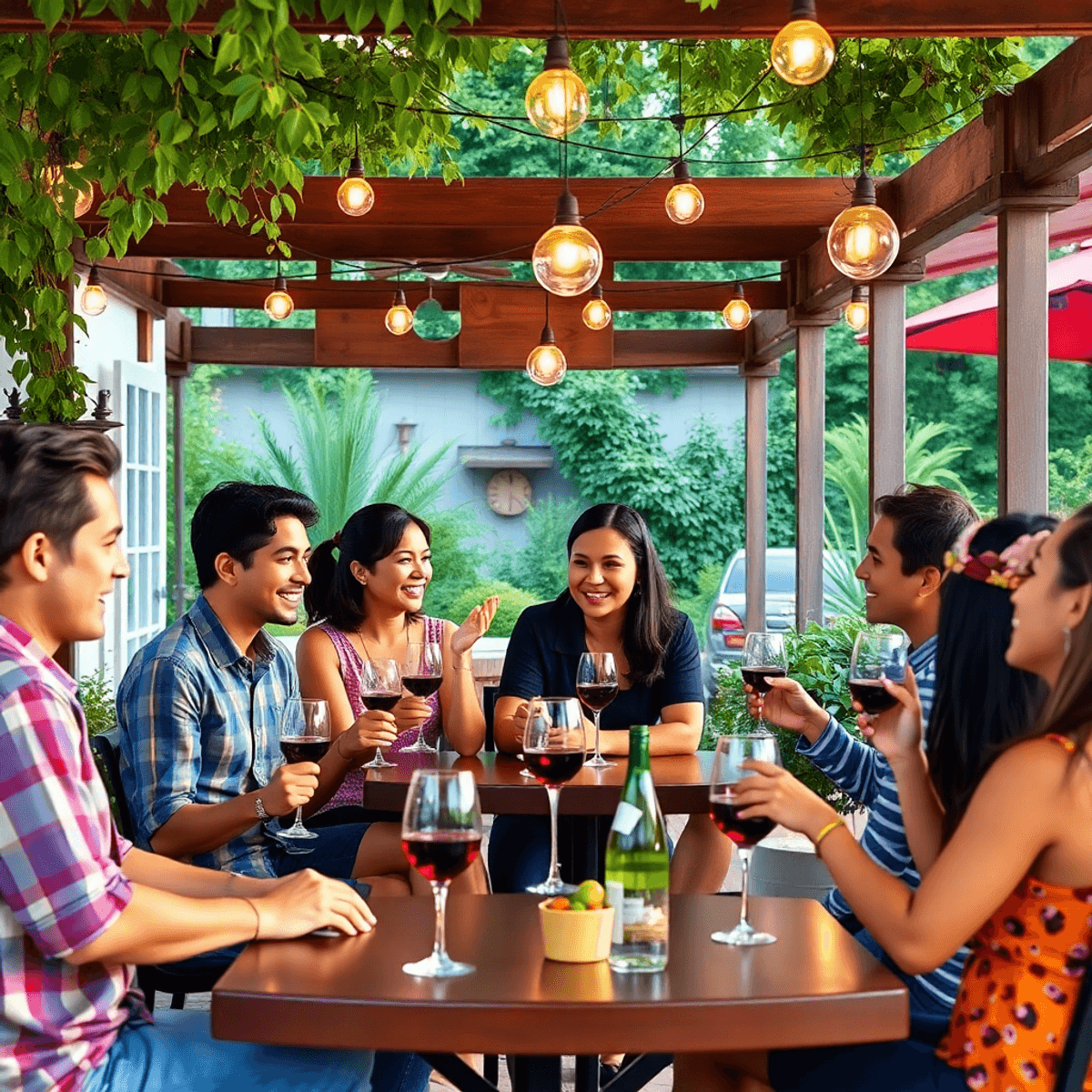 A cozy outdoor wine tasting event with a group of singles engaging in conversation, surrounded by rustic decor and lush greenery, highlighting a wa...