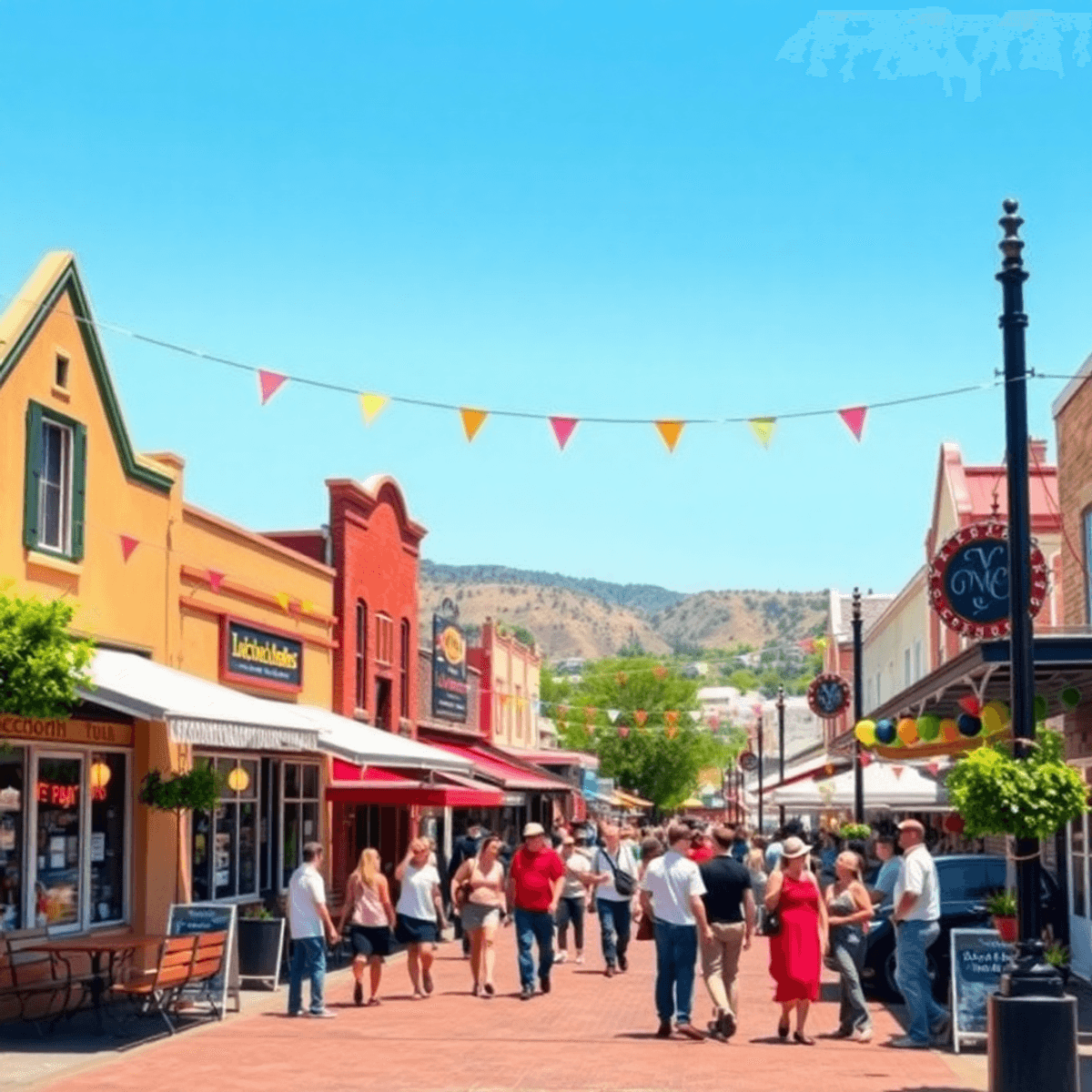 A sunny town square in Lockeford, California, bustling with people enjoying a vibrant festival, surrounded by colorful decorations and charming loc...