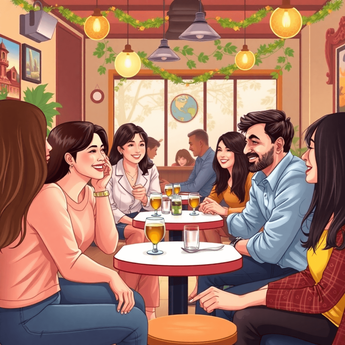 A lively speed dating event in a cozy venue, featuring singles engaged in conversation, small tables, soft lighting, and cheerful decorations creat...