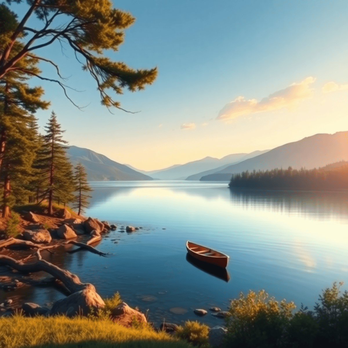 A serene lakeside view in North Shore, California, with lush trees and mountains, featuring a small boat on the water under soft sunset lighting.