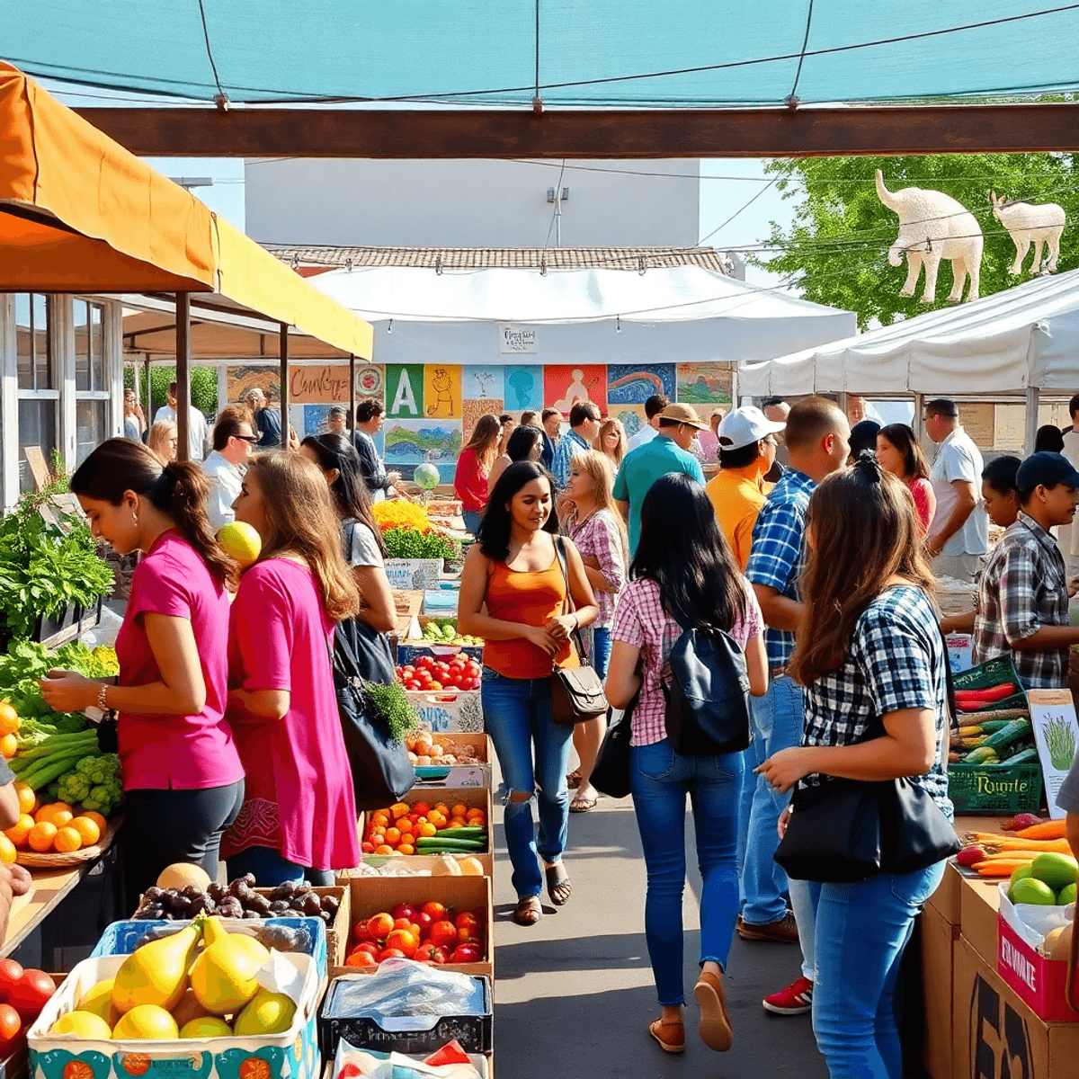 A bustling farmers' market in Freedom, California, filled with colorful stalls of fresh produce and local art, as people mingle in a lively, relaxe...