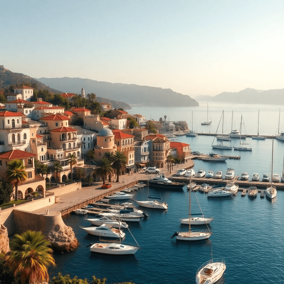 A scenic view of Avalon on Catalina Island, featuring Mediterranean-style buildings, a tranquil harbor with boats, and clear blue waters under soft...