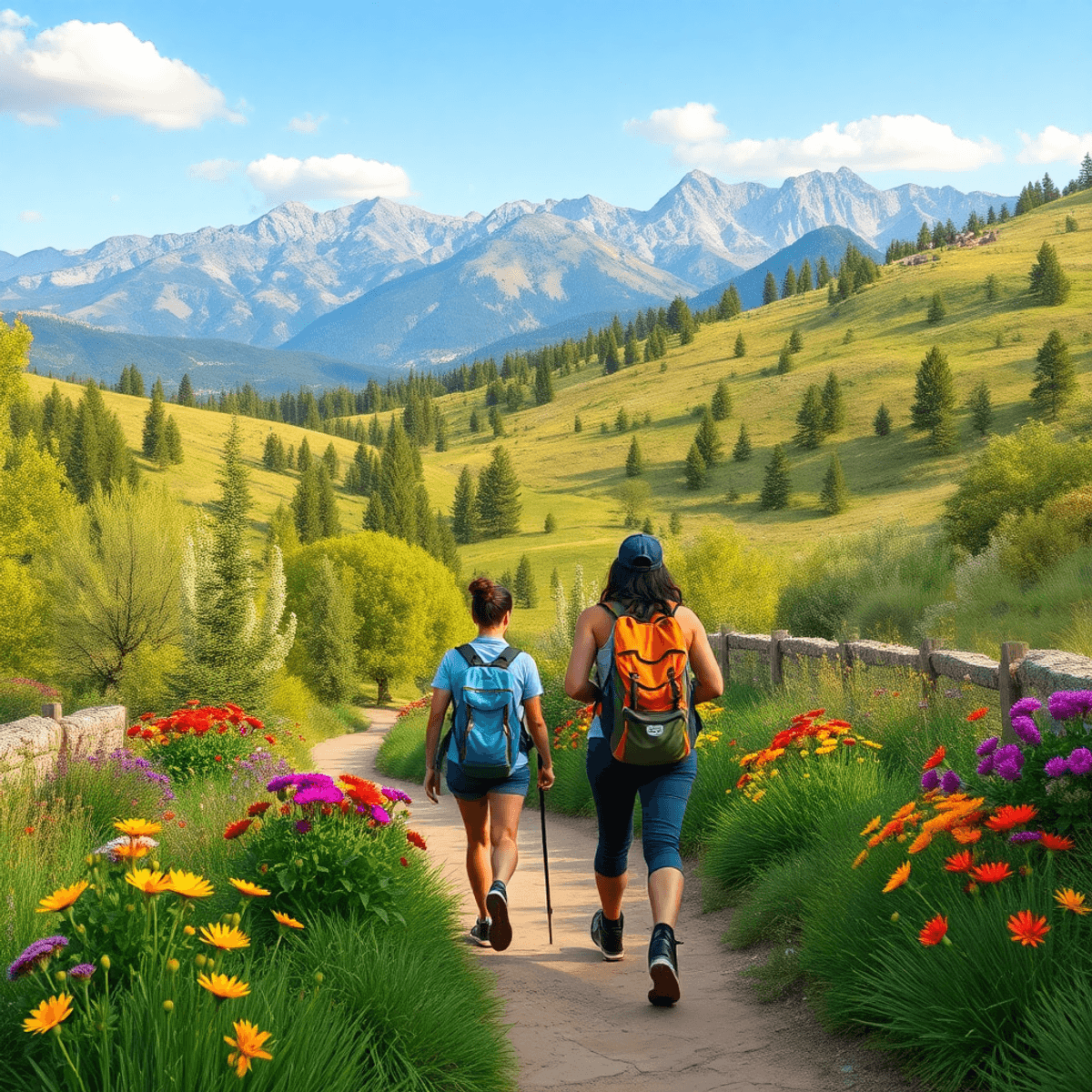 A scenic view of Meadow Vista, California, with the Sierra Nevada mountains in the background and hikers enjoying a vibrant outdoor trail surrounde...