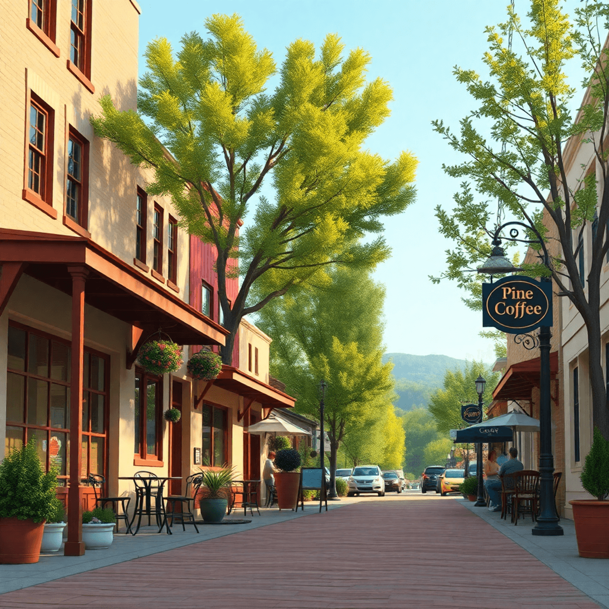 A picturesque small-town street in Pine Grove, California, with cozy coffee shops, outdoor seating, trees, and a warm atmosphere inviting community...