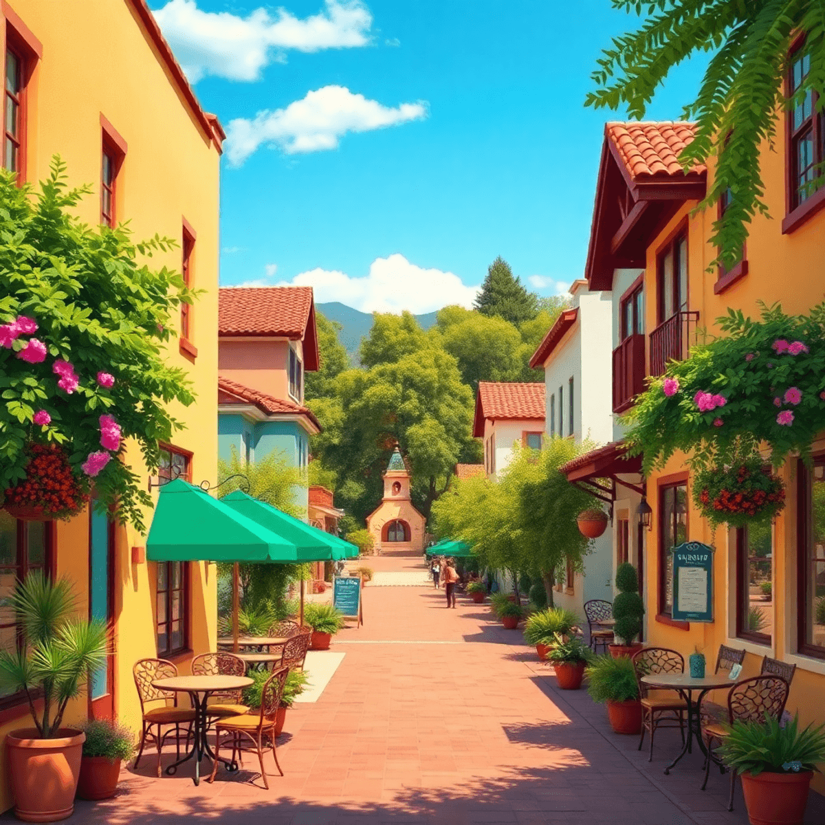 A charming small-town street in Morada, California, with cozy cafés, outdoor seating, and a local park, surrounded by lush greenery, evoking a warm...