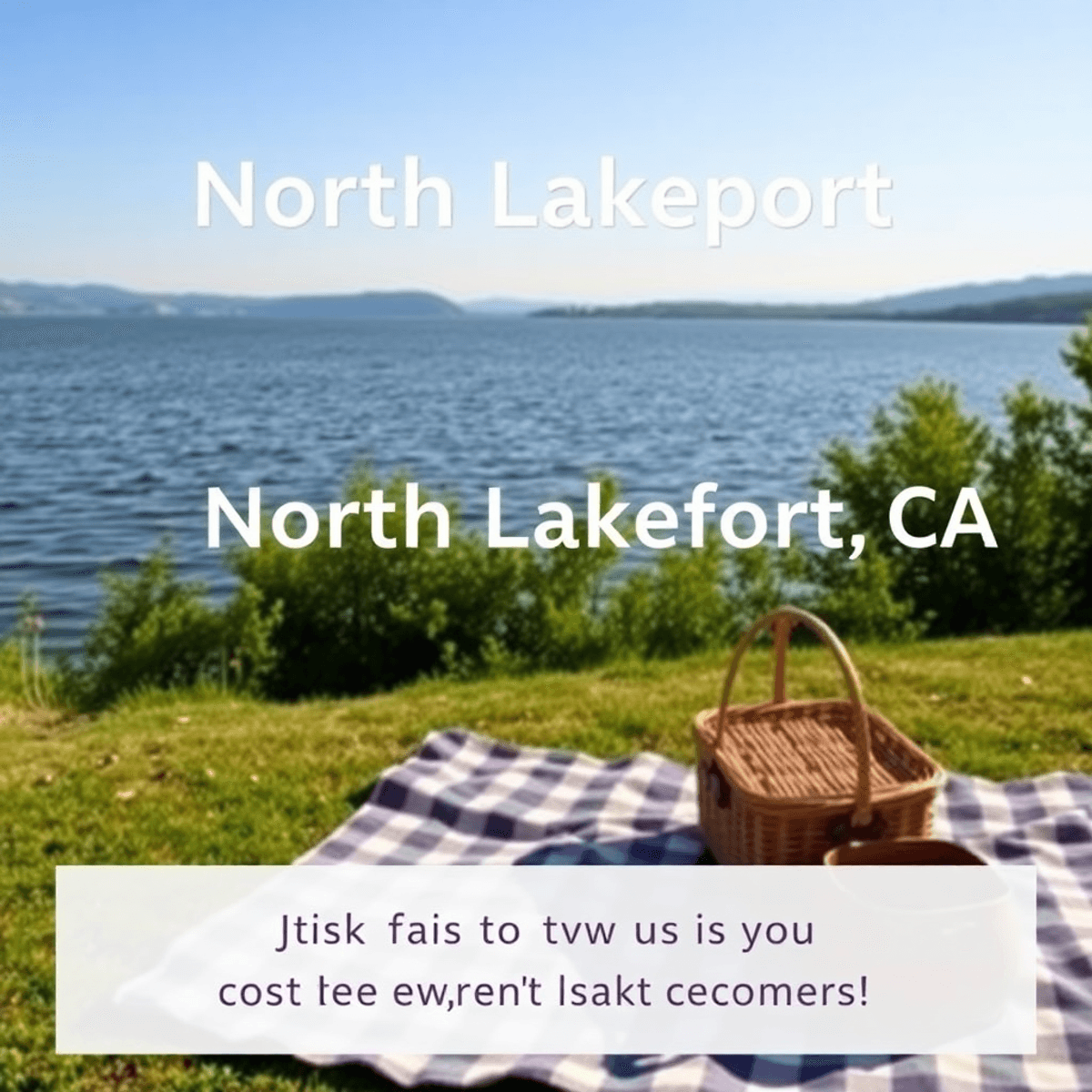 A serene lakeside scene with gentle waves on Clear Lake, a cozy picnic setup in the foreground, surrounded by lush greenery and distant hills, evok...