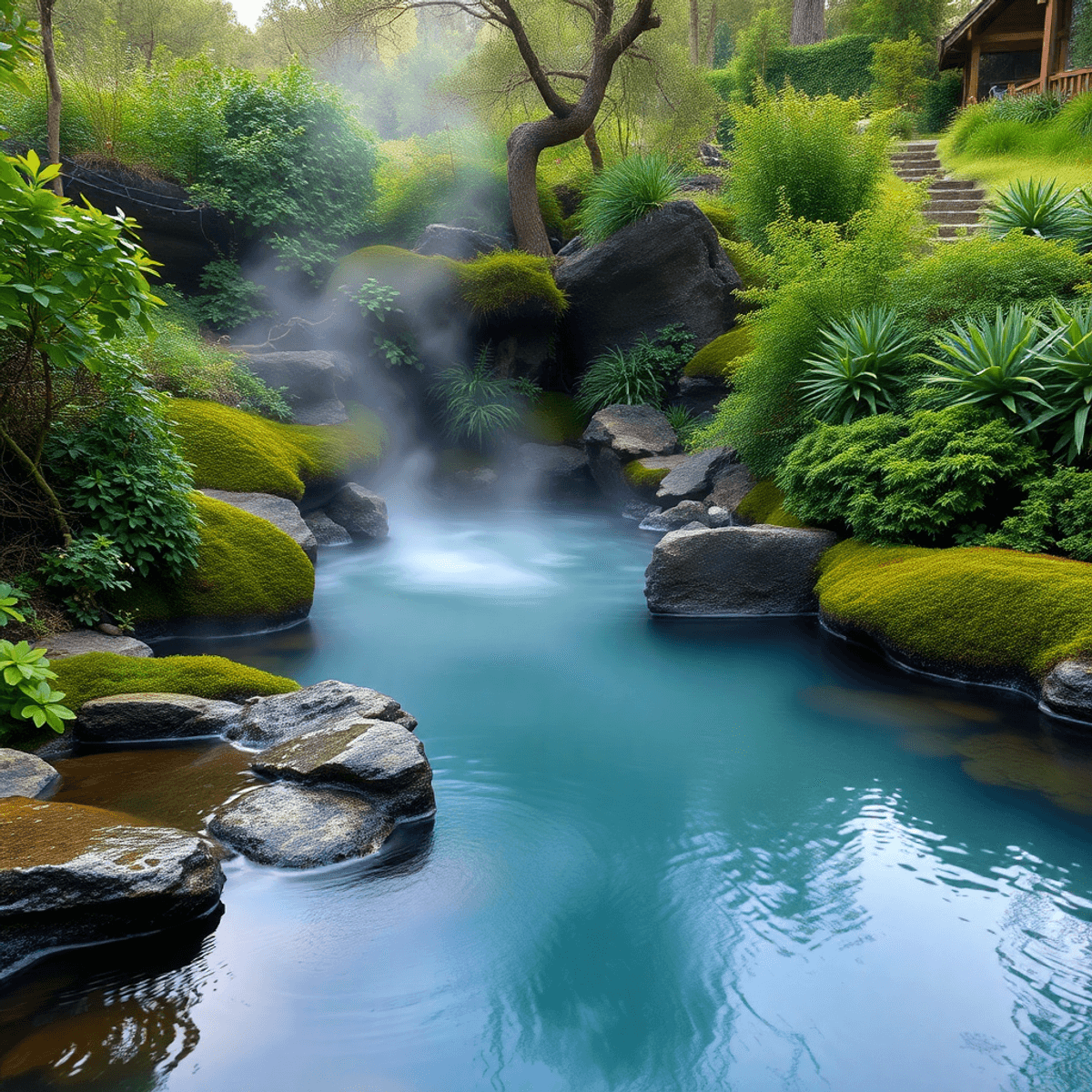 A peaceful view of natural hot springs amidst lush greenery in Sonoma Valley, California, with steam rising from the warm waters, evoking wellness ...