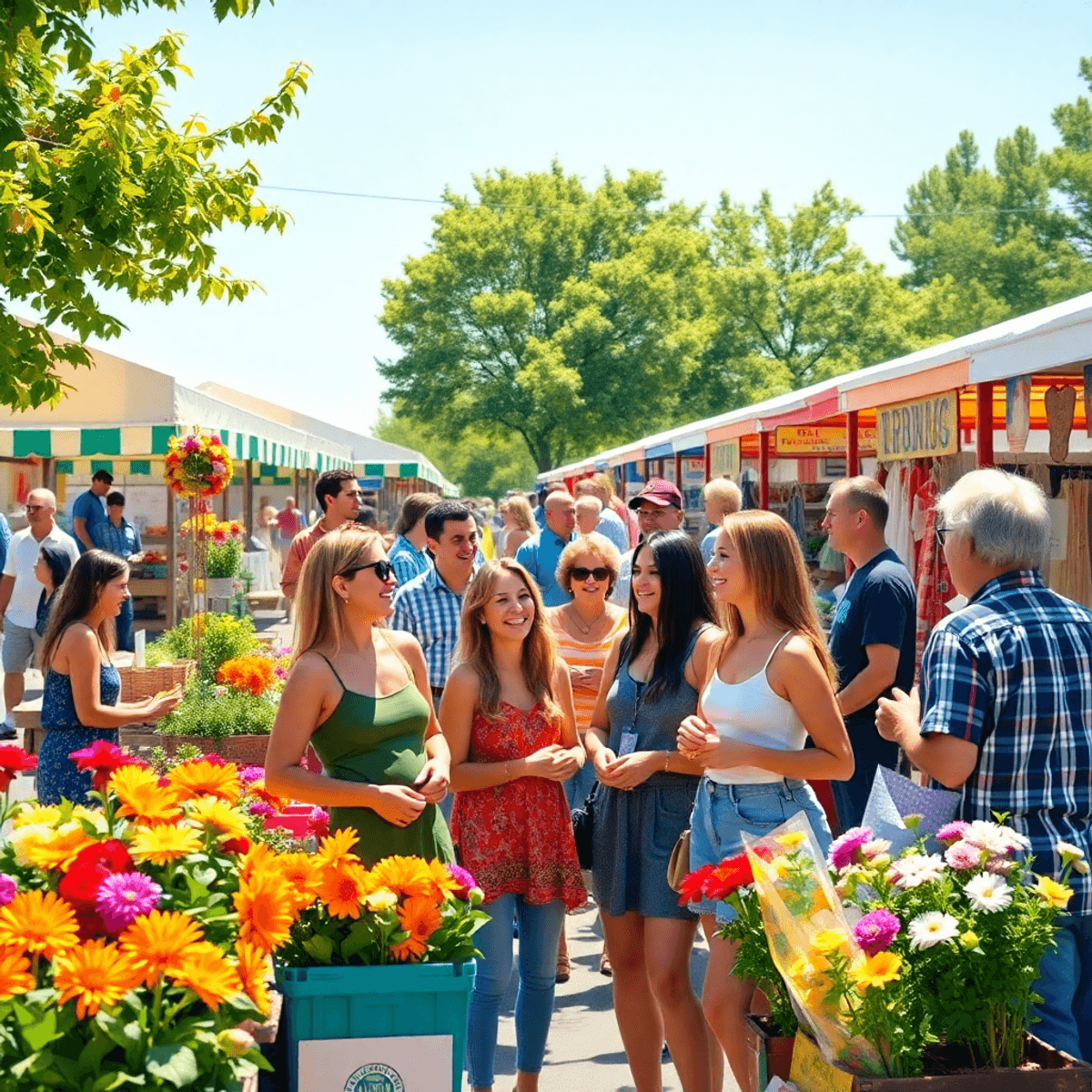 A sunny outdoor farmers' market in Meadowbrook, California, bustling with colorful stalls, fresh produce, and people laughing and chatting in a liv...