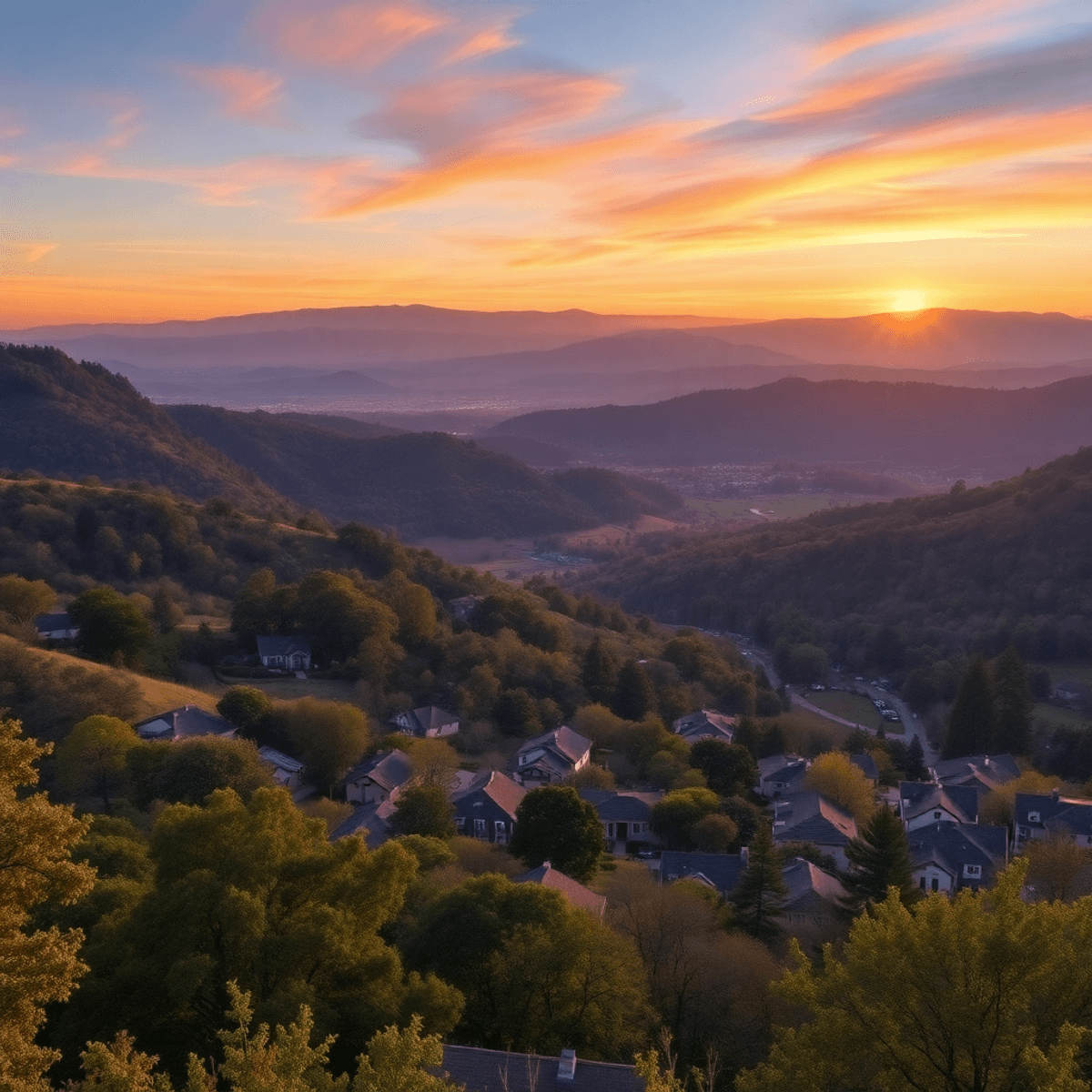 A picturesque sunset over Portola Valley, highlighting oak woodlands and expansive valley views, showcasing the area's natural beauty and charm.
