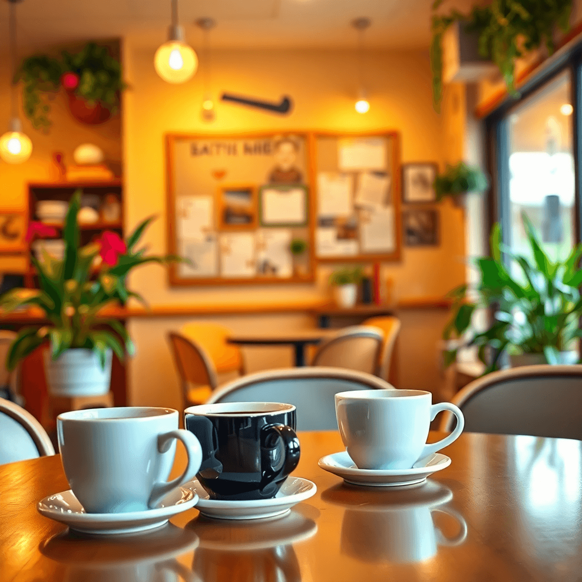 A cozy coffee shop scene with warm lighting, coffee cups on a table, decorative plants, and a bulletin board showcasing community events, evoking c...