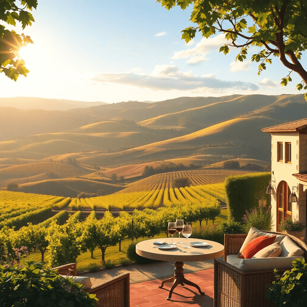 A picturesque view of Carmel Valley Village with sunlit vineyards, rolling hills, and a cozy outdoor picnic setup featuring wine glasses, evoking w...
