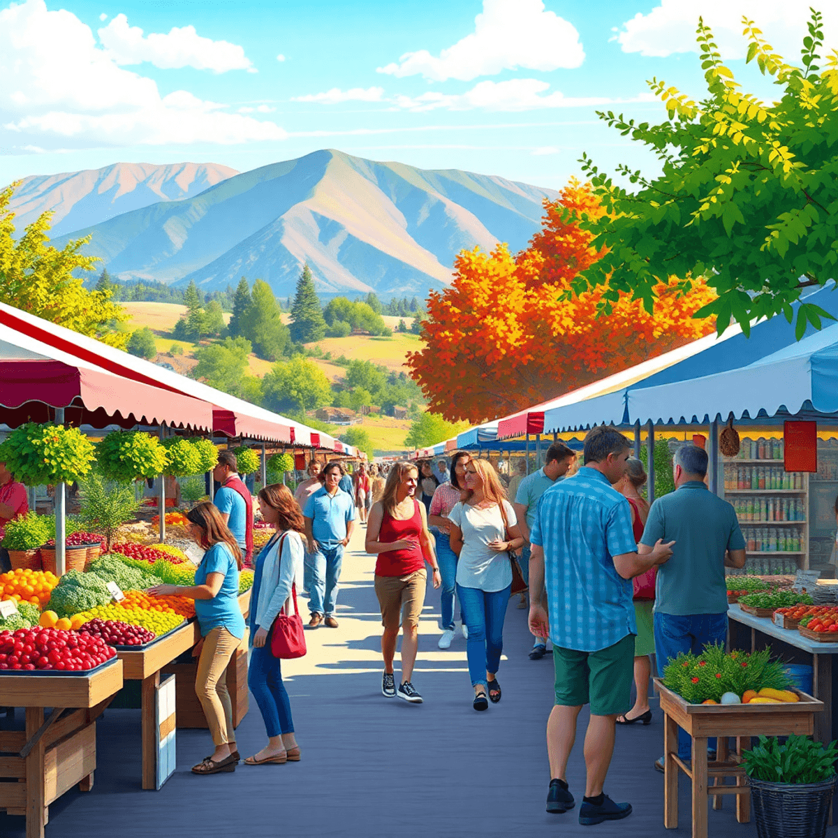 A lively outdoor community event in Clearlake Riviera, showcasing a colorful farmers' market with engaging people and beautiful natural scenery.