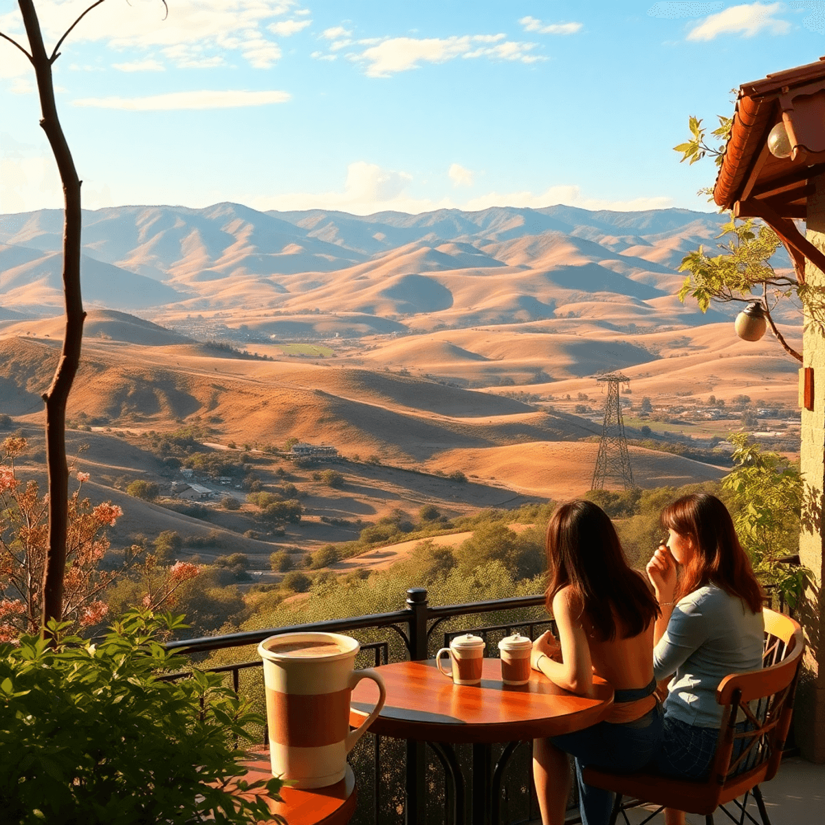 A scenic landscape of Bonsall, California, with rolling hills and a cozy café setting. A coffee cup sits on a table as a small group chats, enjoyin...