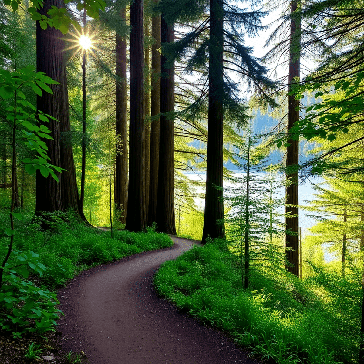 A serene hiking trail meanders through lush redwood trees, with soft sunlight filtering through leaves, leading to a tranquil lake in the background.