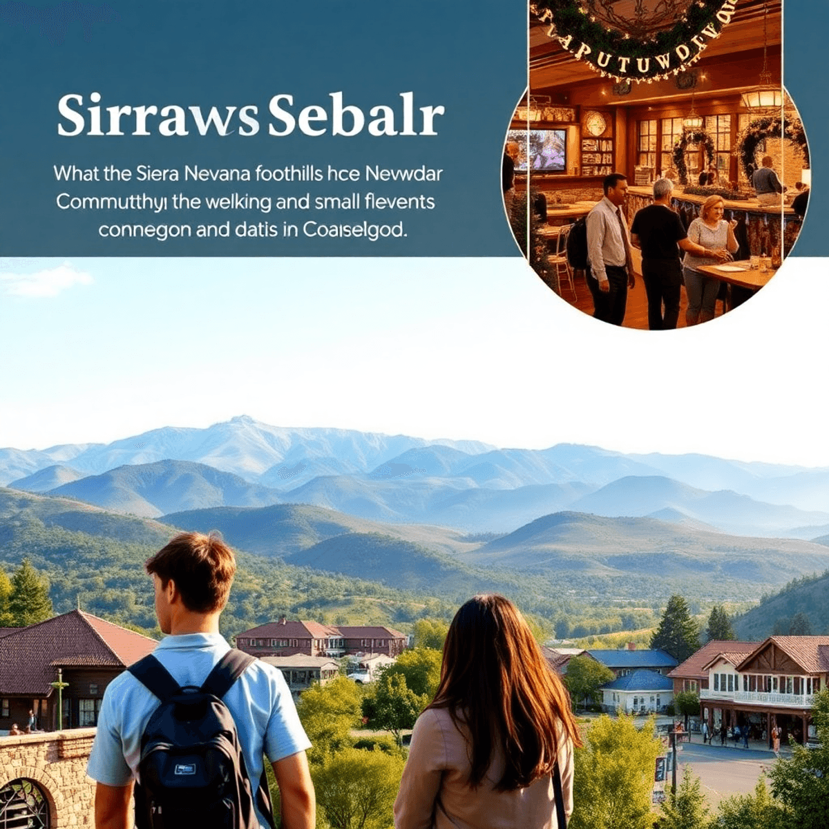 A scenic view of Sierra Nevada foothills with a cozy small-town vibe, showcasing two singles enjoying an outdoor activity amidst community event el...