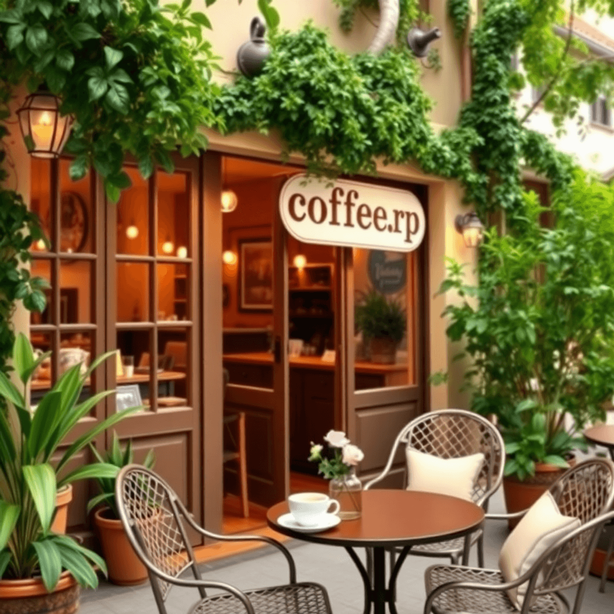 A cozy coffee shop in Brisbane, California, featuring outdoor seating, lush greenery, and a romantic table for two with coffee cups and a small bou...
