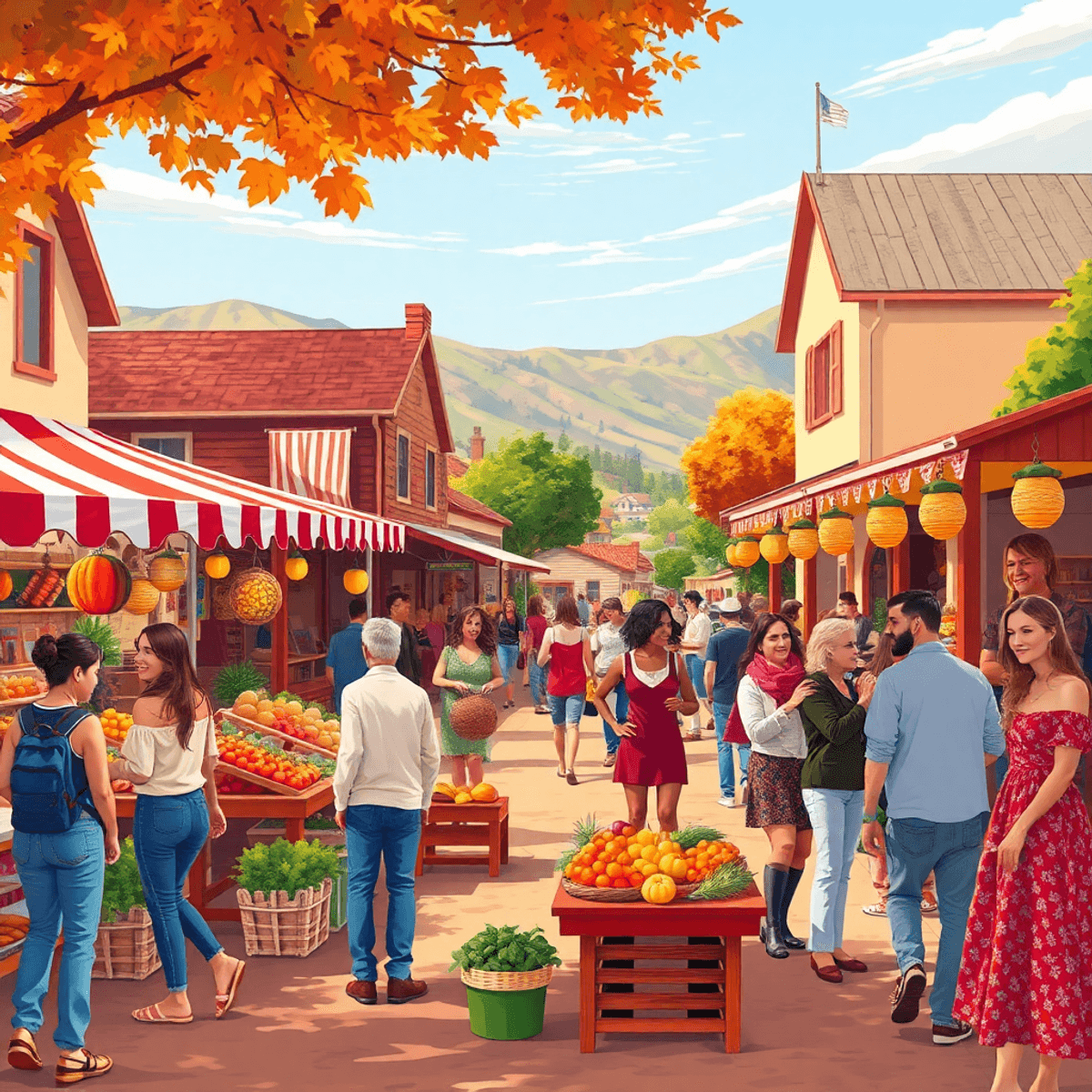 A lively small-town harvest festival in Ivanhoe, California, with colorful stalls, local produce, and people happily mingling, creating a warm and ...