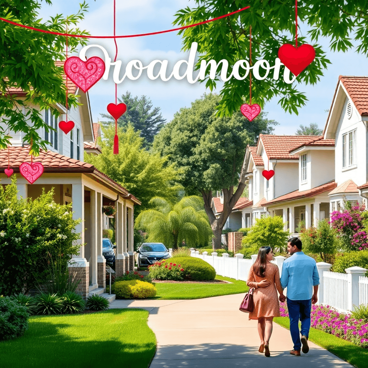 A picturesque neighborhood in Broadmoor, California, featuring charming homes, lush greenery, and heart-shaped decorations, with couples enjoying a...