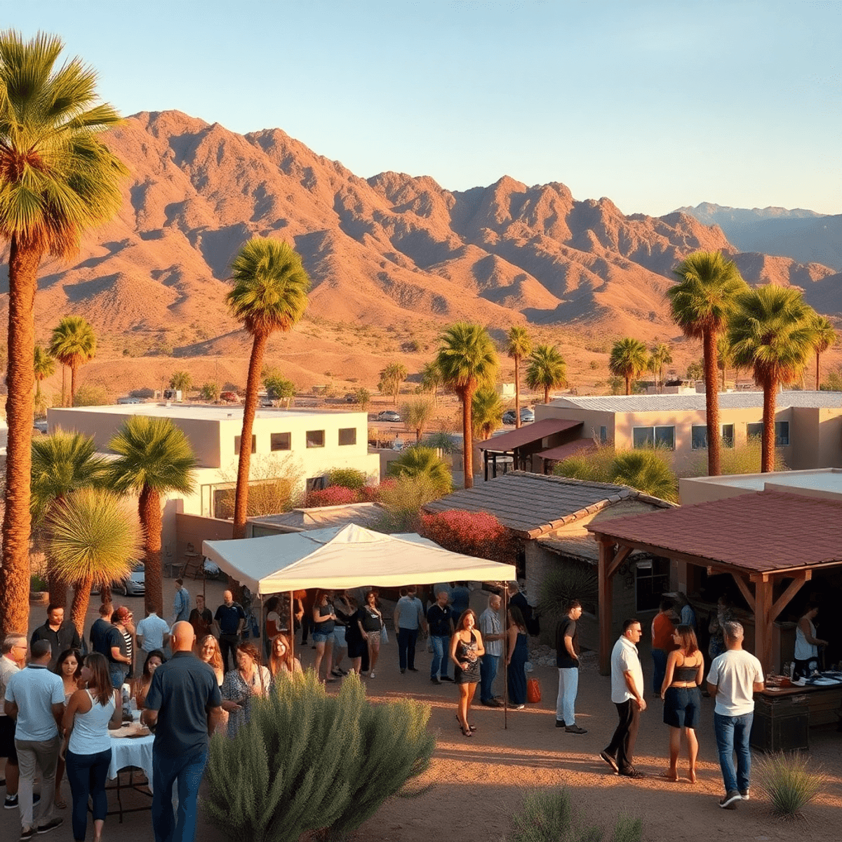 A vibrant desert scene showcasing a lively outdoor gathering in Oasis, California, with people mingling under palm trees and mountains, creating a ...