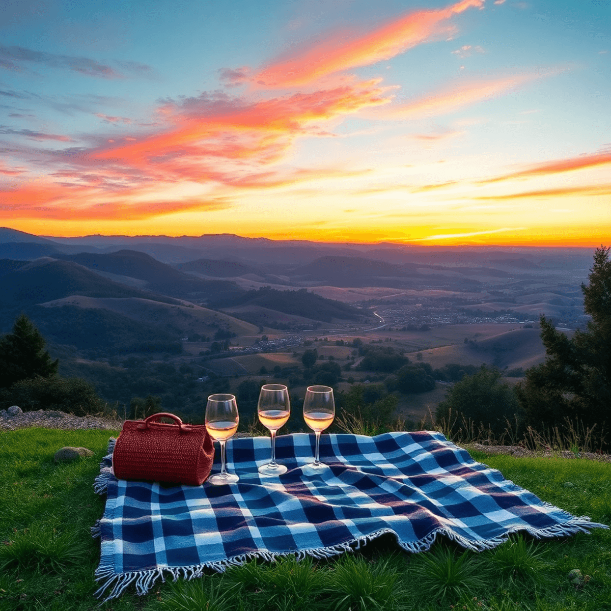 A cozy picnic setup with a blanket and wine glasses on rolling hills at sunset, showcasing the scenic beauty of Copperopolis, California.