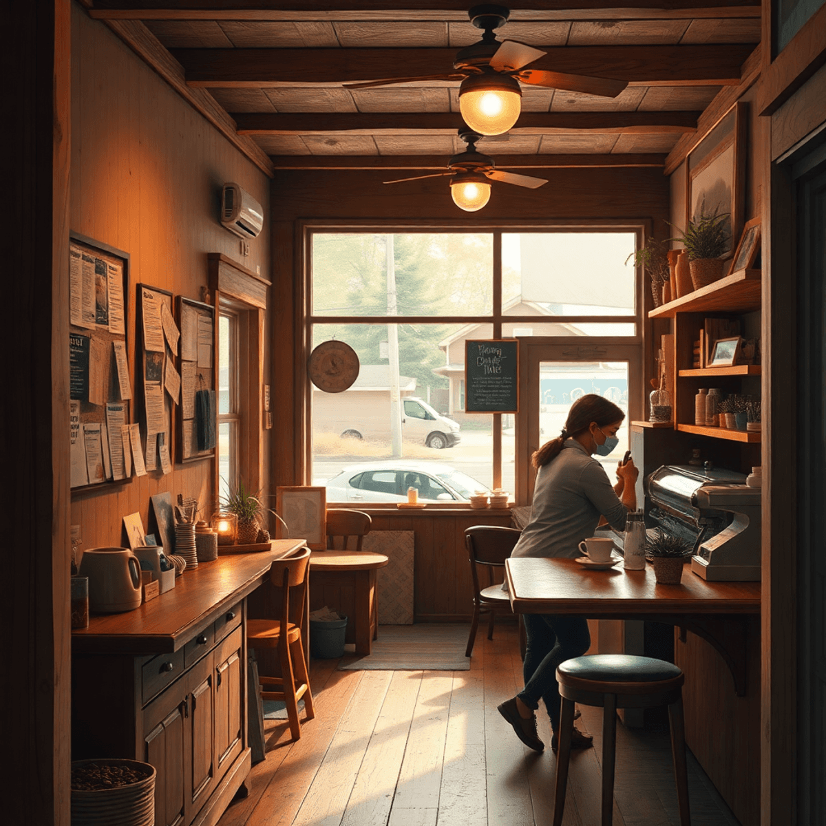A cozy coffee shop with a rustic wooden counter, a friendly barista serving coffee, and a bulletin board filled with community event flyers, evokin...