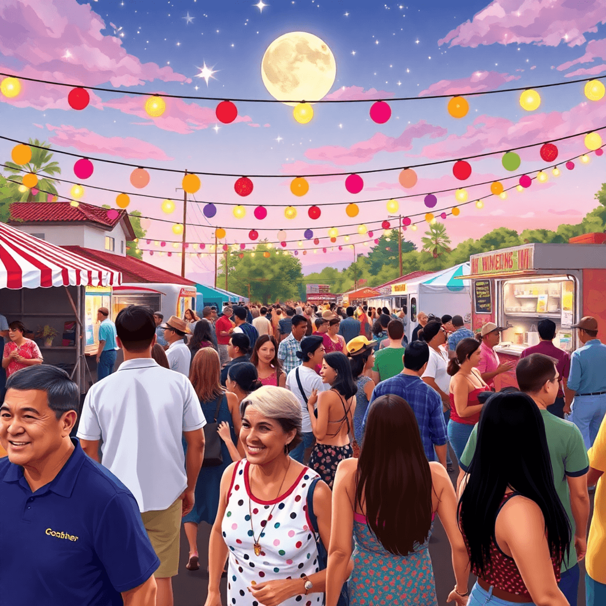 A lively outdoor community event in Goshen, California, featuring a summer concert under the stars, food trucks, and colorful decorations with peop...