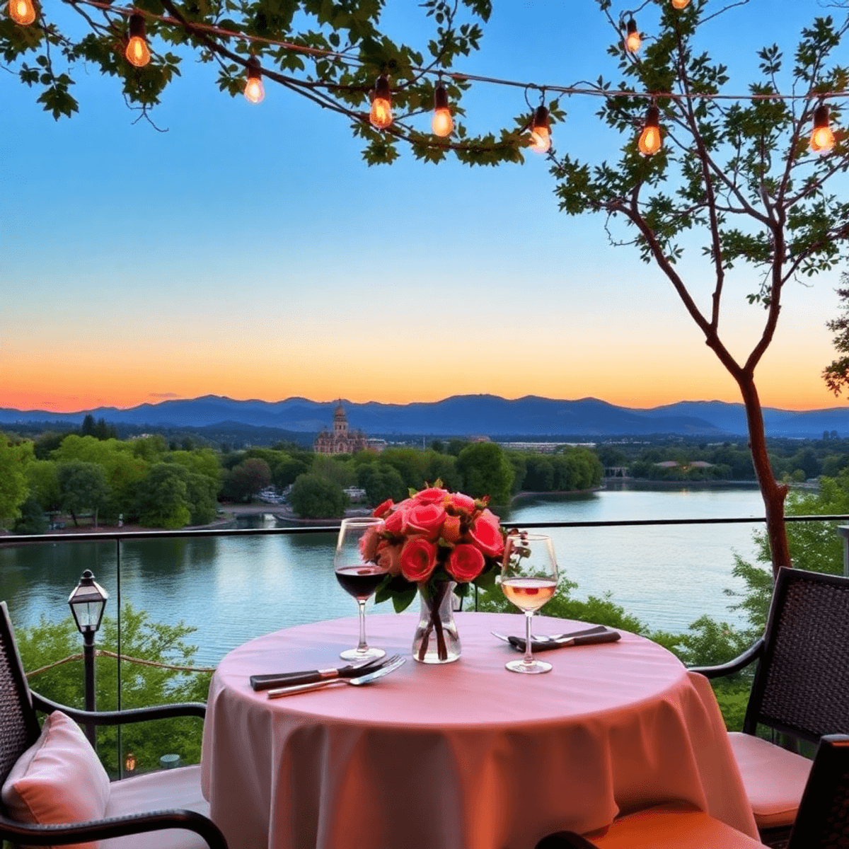 A serene sunset view of Lake San Marcos with lush greenery, a cozy table for two adorned with wine glasses and a floral centerpiece, creating a rom...